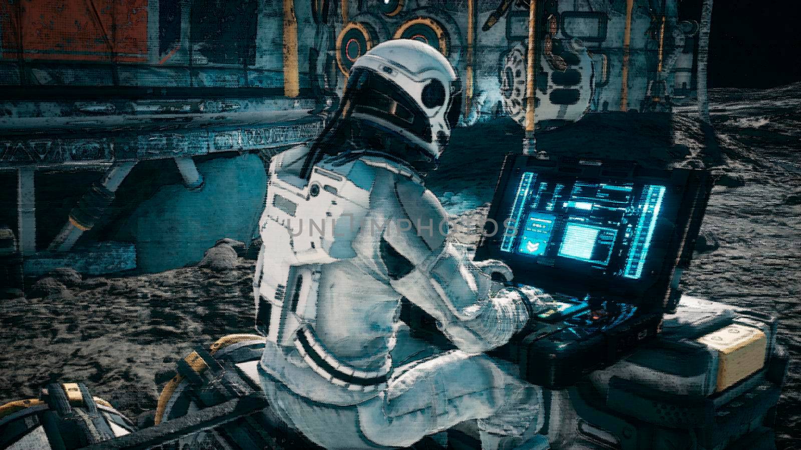 An astronaut works on his laptop at a space base on one of the new planets. Concept of the future space colony.