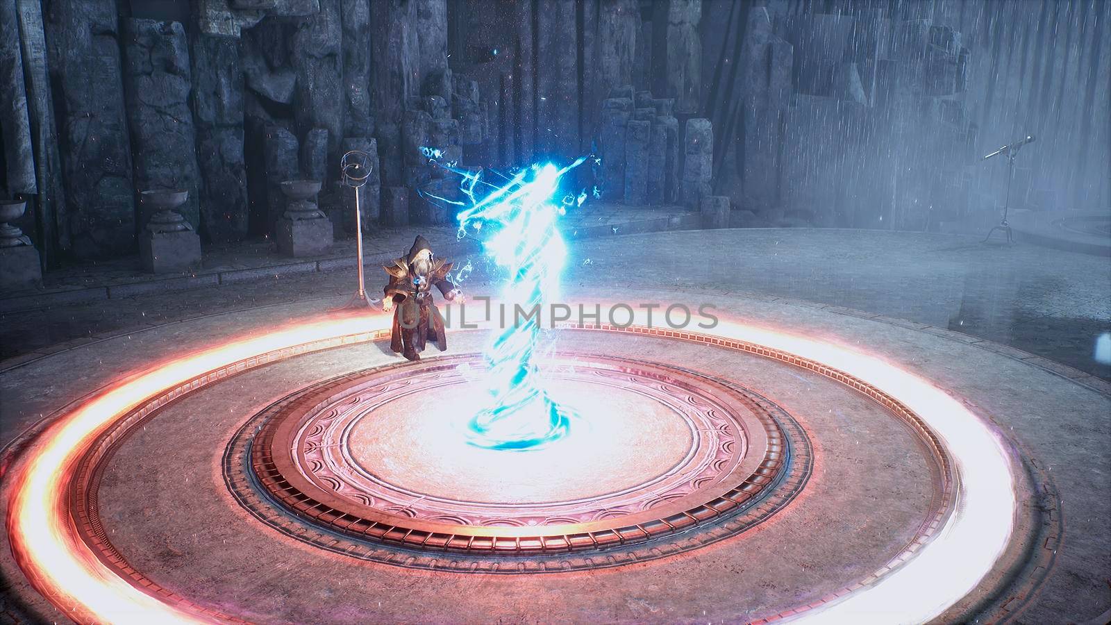 The ancient wizard is training to create new spells for combat magic. 3D Rendering. by designprojects