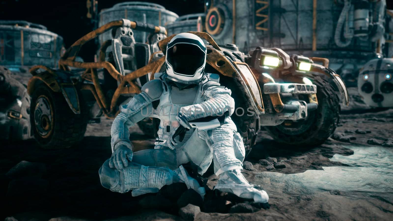 The astronaut is resting near his lunar rover and admiring the planet. View of the lunar surface and space base. 3D Rendering. by designprojects