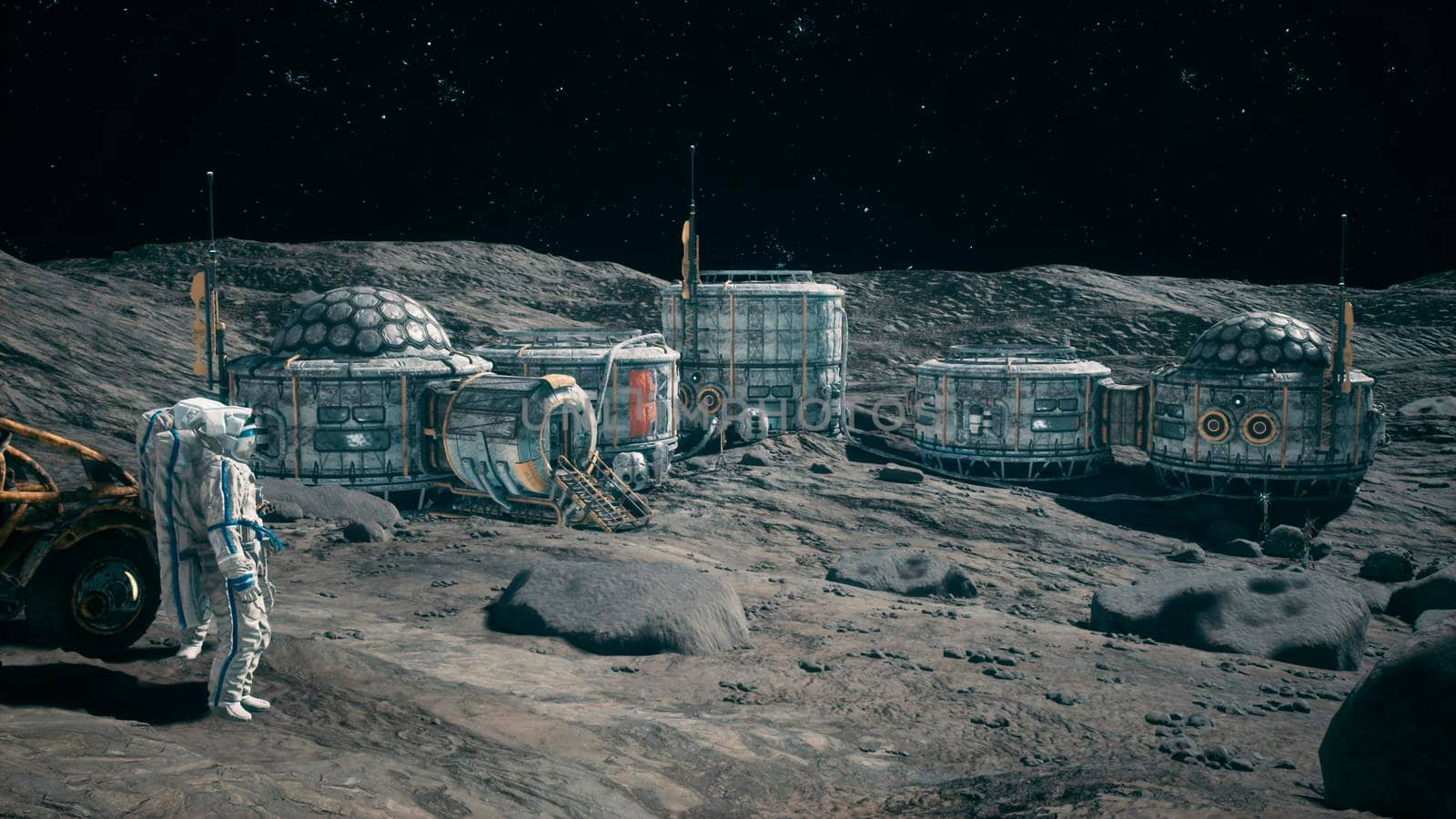 Astronauts near their lunar rover admire the lunar base of their lunar colony. View of the lunar surface and space base. 3D Rendering. by designprojects