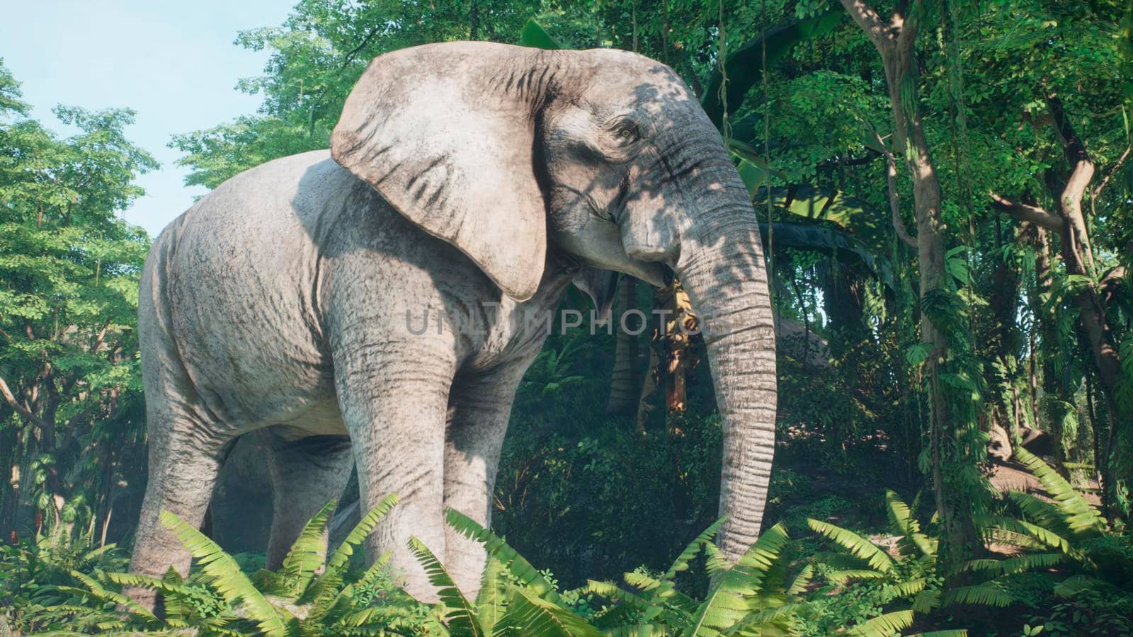 Large gray African elephant in the jungle eats foliage from trees. A look at the African jungle. 3D Rendering. by designprojects