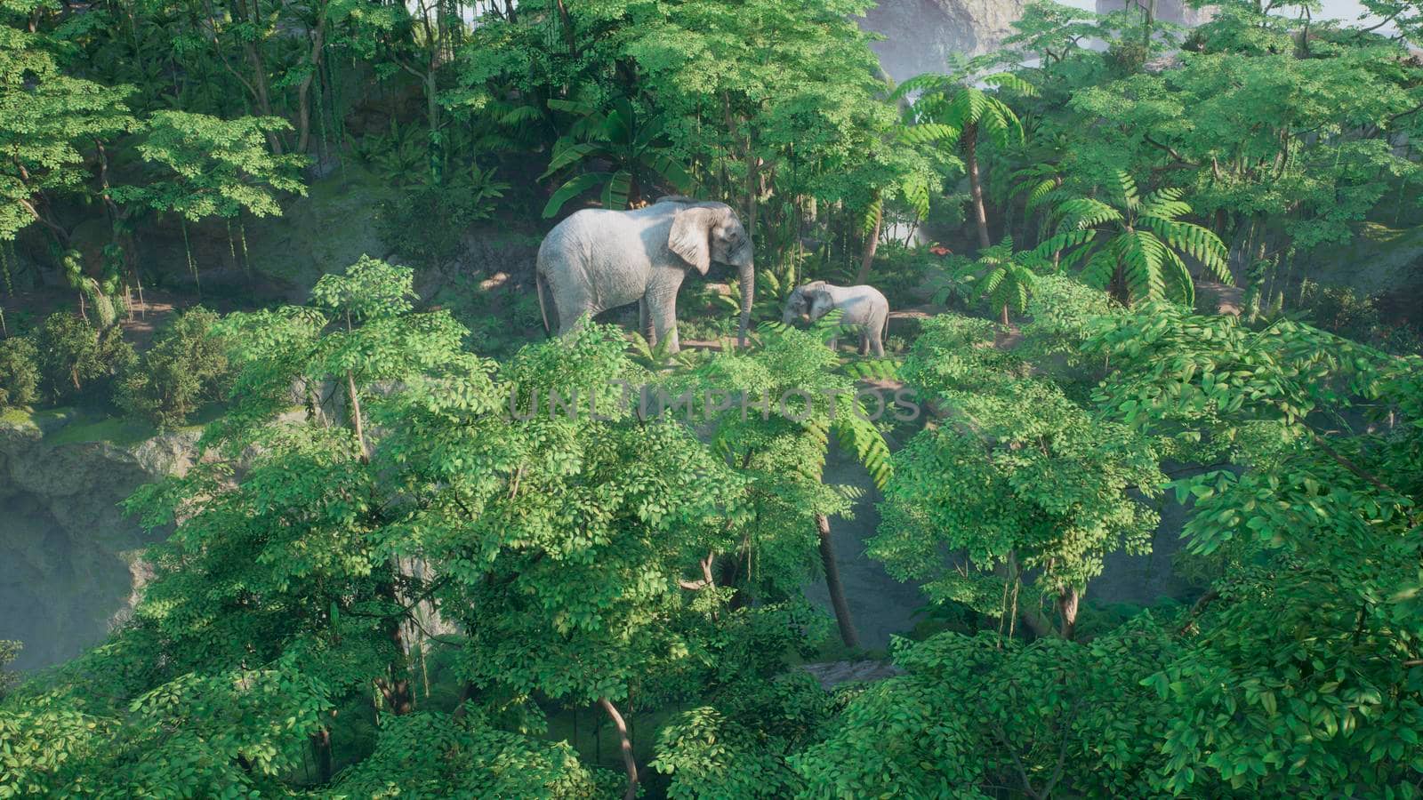 An African elephant with a baby elephant is eat plants in the green jungle. A look at the African jungle. 3D Rendering. by designprojects
