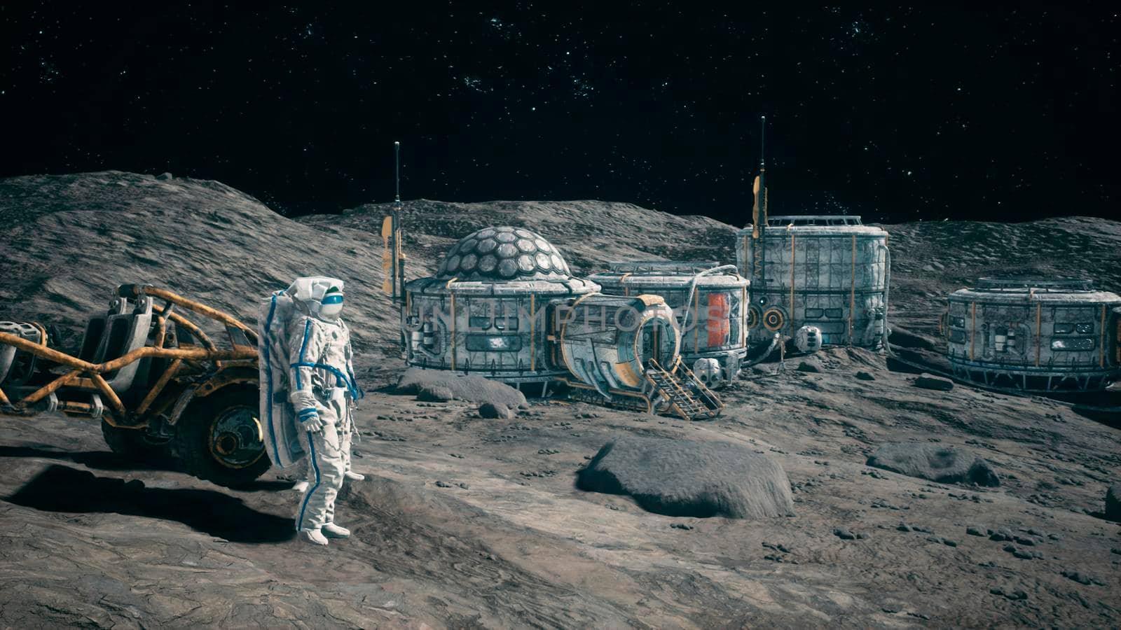 Astronauts near their lunar rover admire the lunar base of their lunar colony. View of the lunar surface and space base.