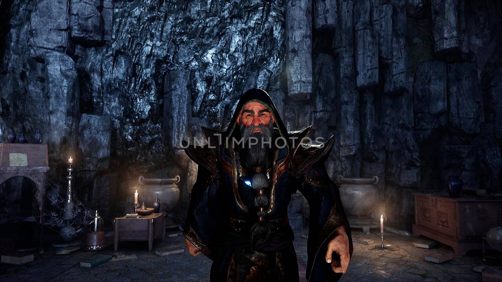 The wizard prepares for a magic ritual in his ancient castle. 3D Rendering. by designprojects