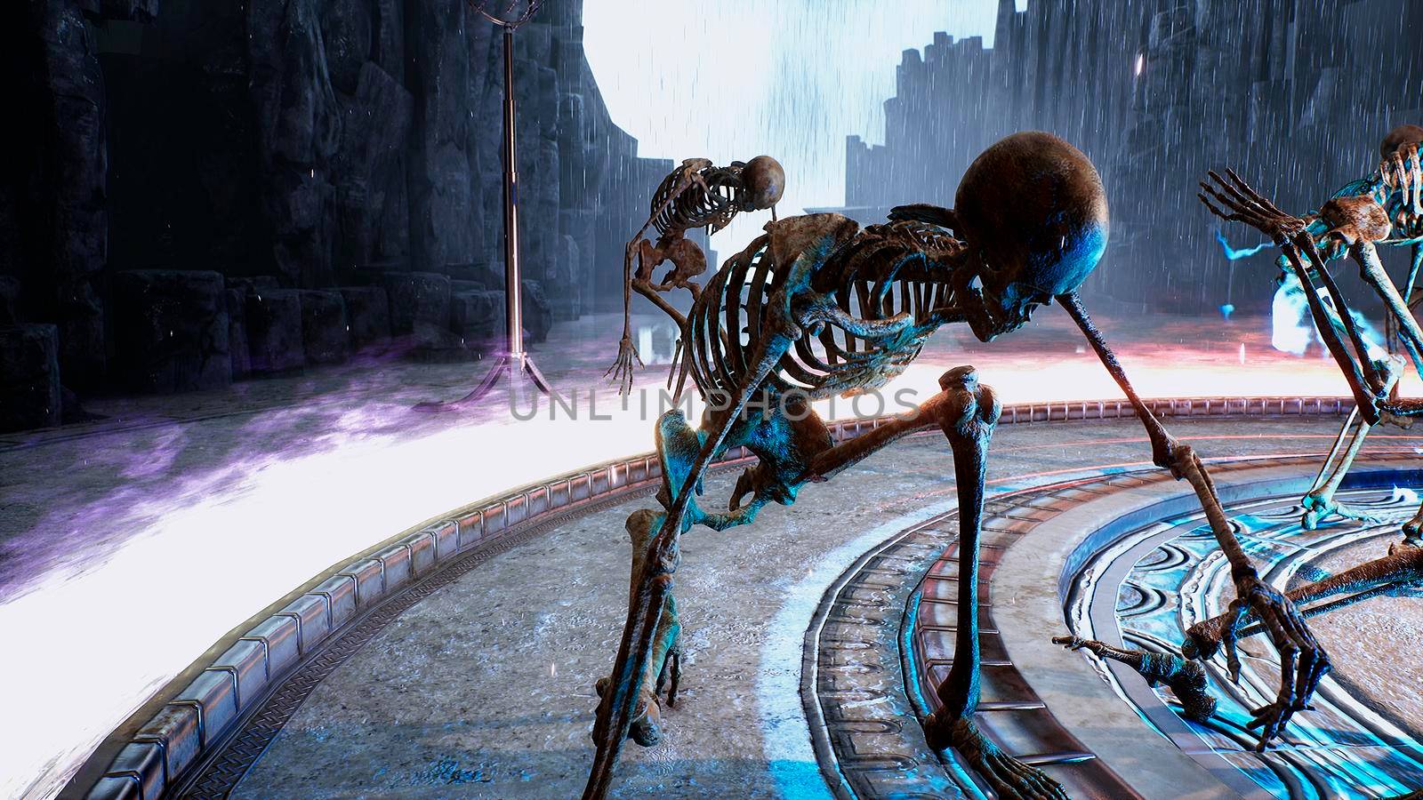 An old dark wizard uses arcane magic to revive skeletons. 3D Rendering. by designprojects