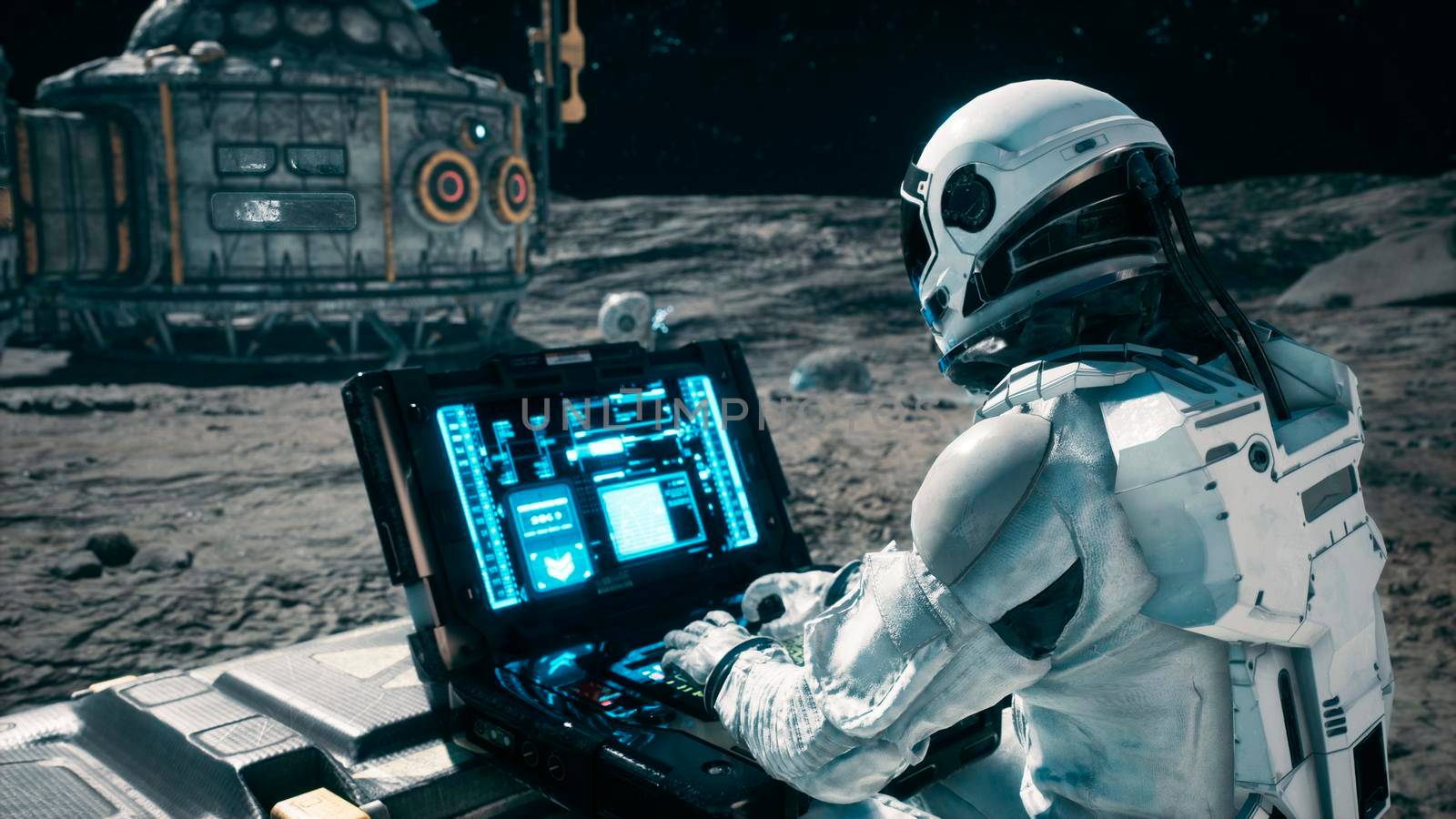 An astronaut works on his laptop at a space base on one of the new planets. Concept of the future space colony.