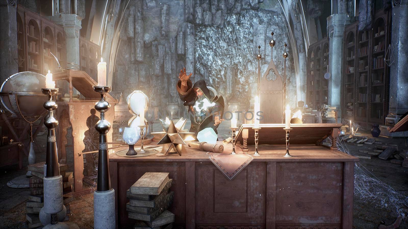 An old wizard is practicing battle magic in his ancient castle. 3D Rendering. by designprojects