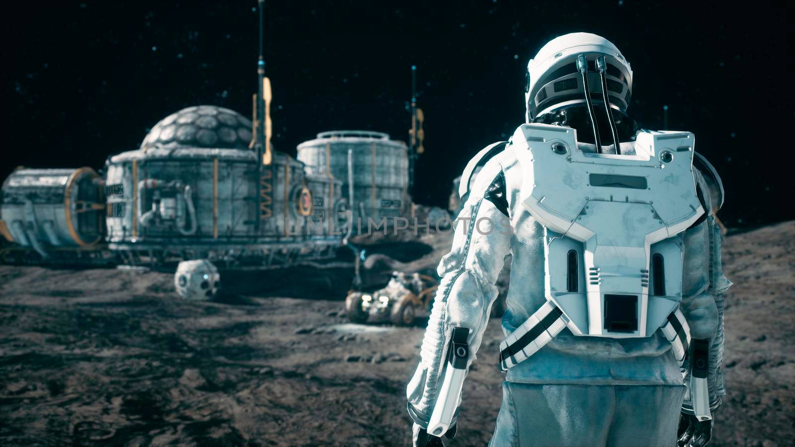 An astronaut approaches his rover at the space base of the future. Concept of the future space colony.