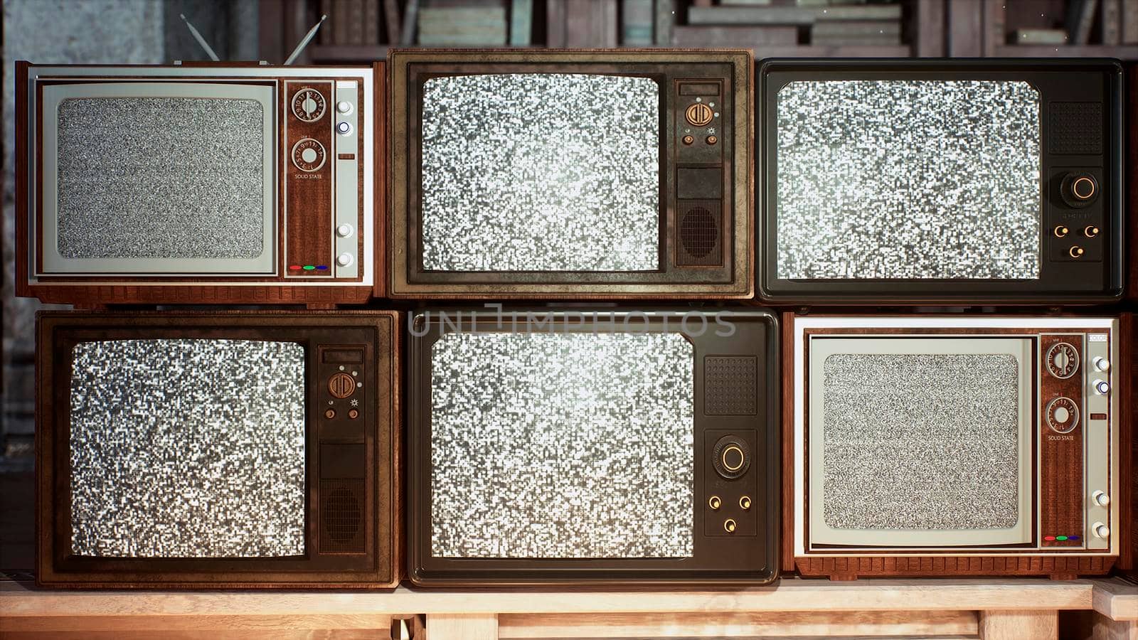 Several vintage TVs in an old building. TVs from the 70s and 80s, retro TVs with poor signal reception. Old televisions on an old table. 3D Rendering. by designprojects