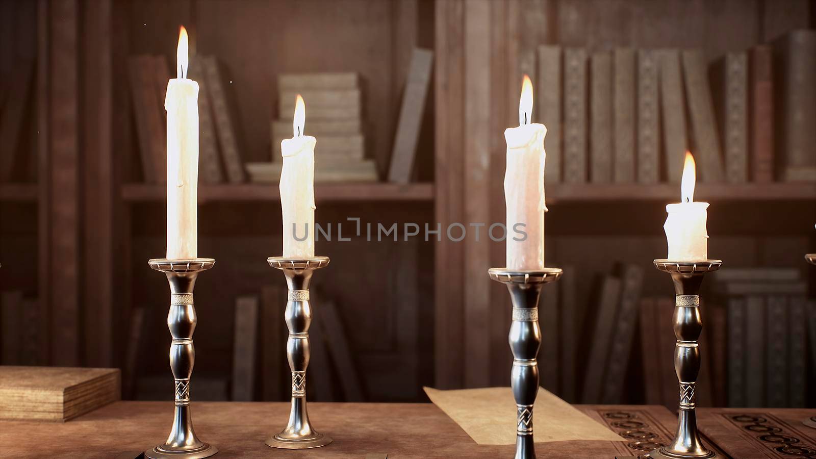 Candles on the table of an alchemist in a medieval ancient castle. 3D Rendering. by designprojects