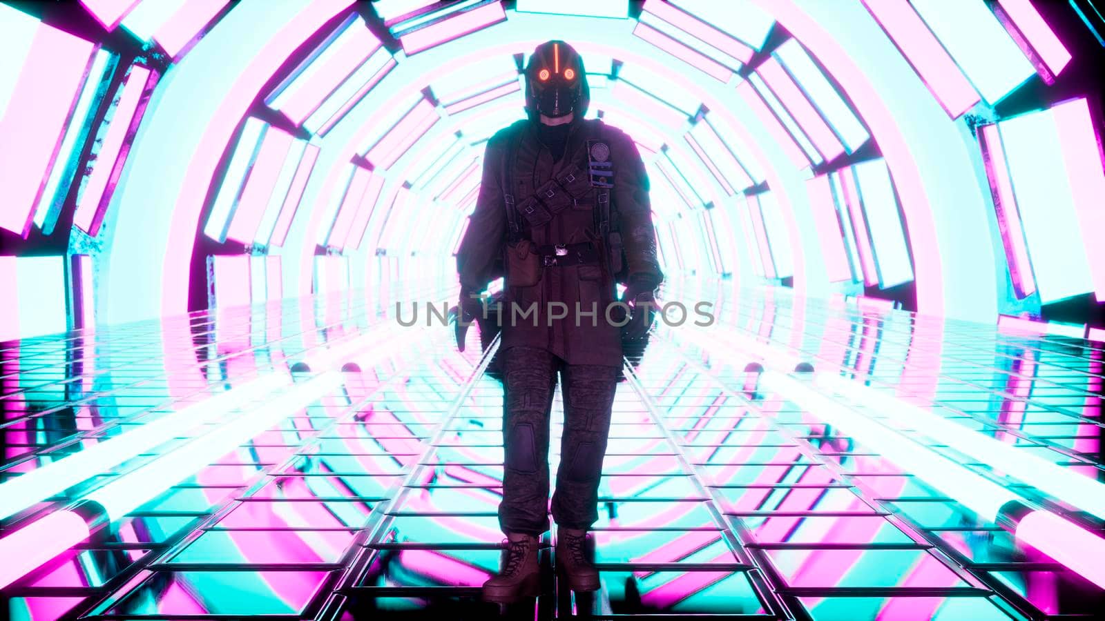 A surviving stalker walks through a glowing neon tunnel. 3D Rendering. by designprojects