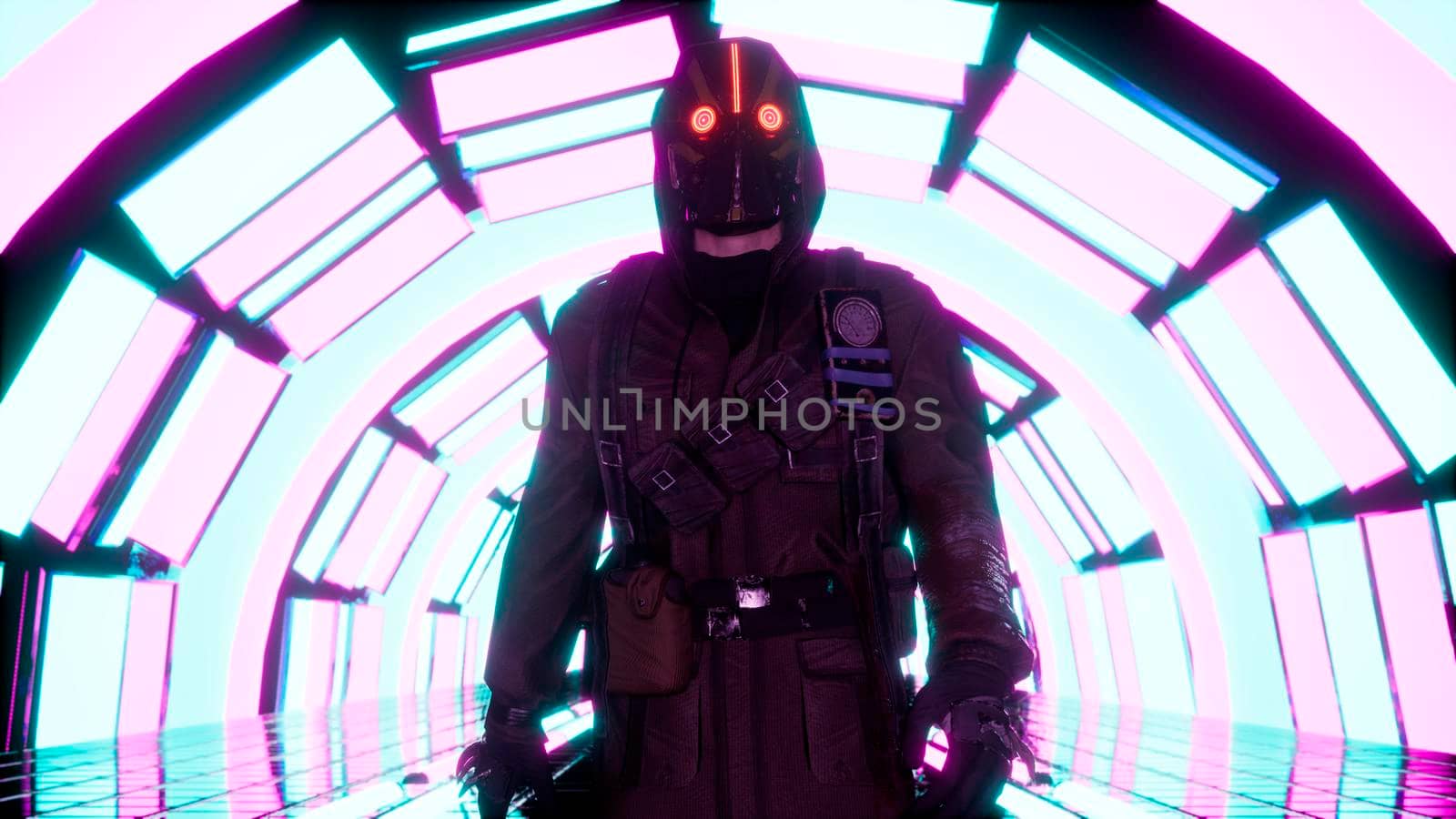 A surviving stalker walks through a glowing neon tunnel. View of the glowing neon corridor.