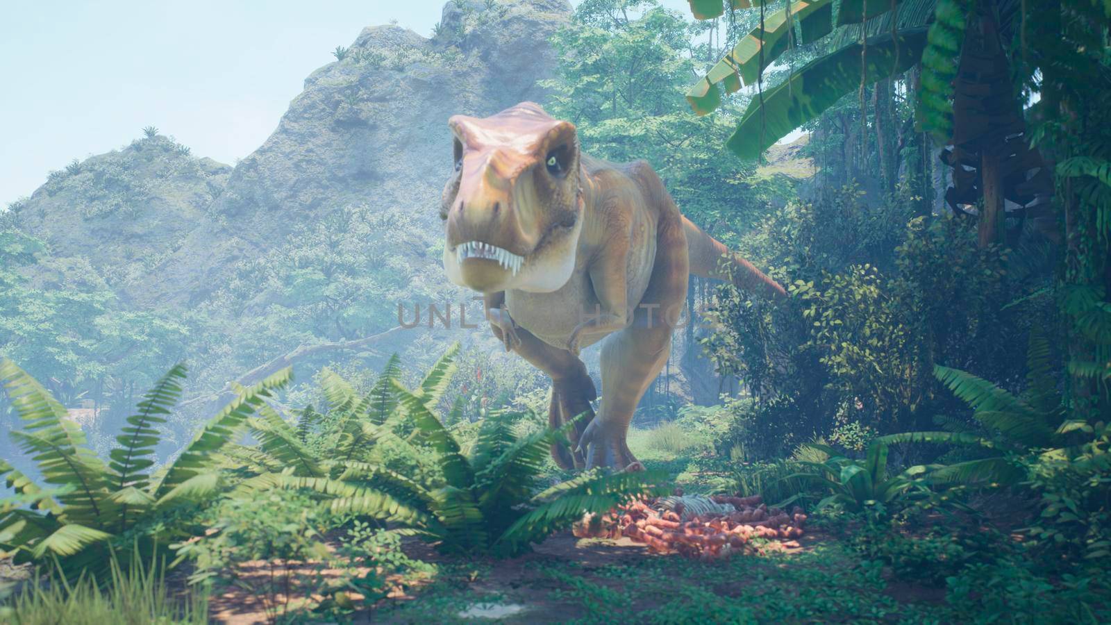 The Tyrannosaurus Rex dinosaur slowly creeps up on its prey in a thicket of green prehistoric jungle. View of the green prehistoric jungle forest on a Sunny morning. 3D Rendering. by designprojects