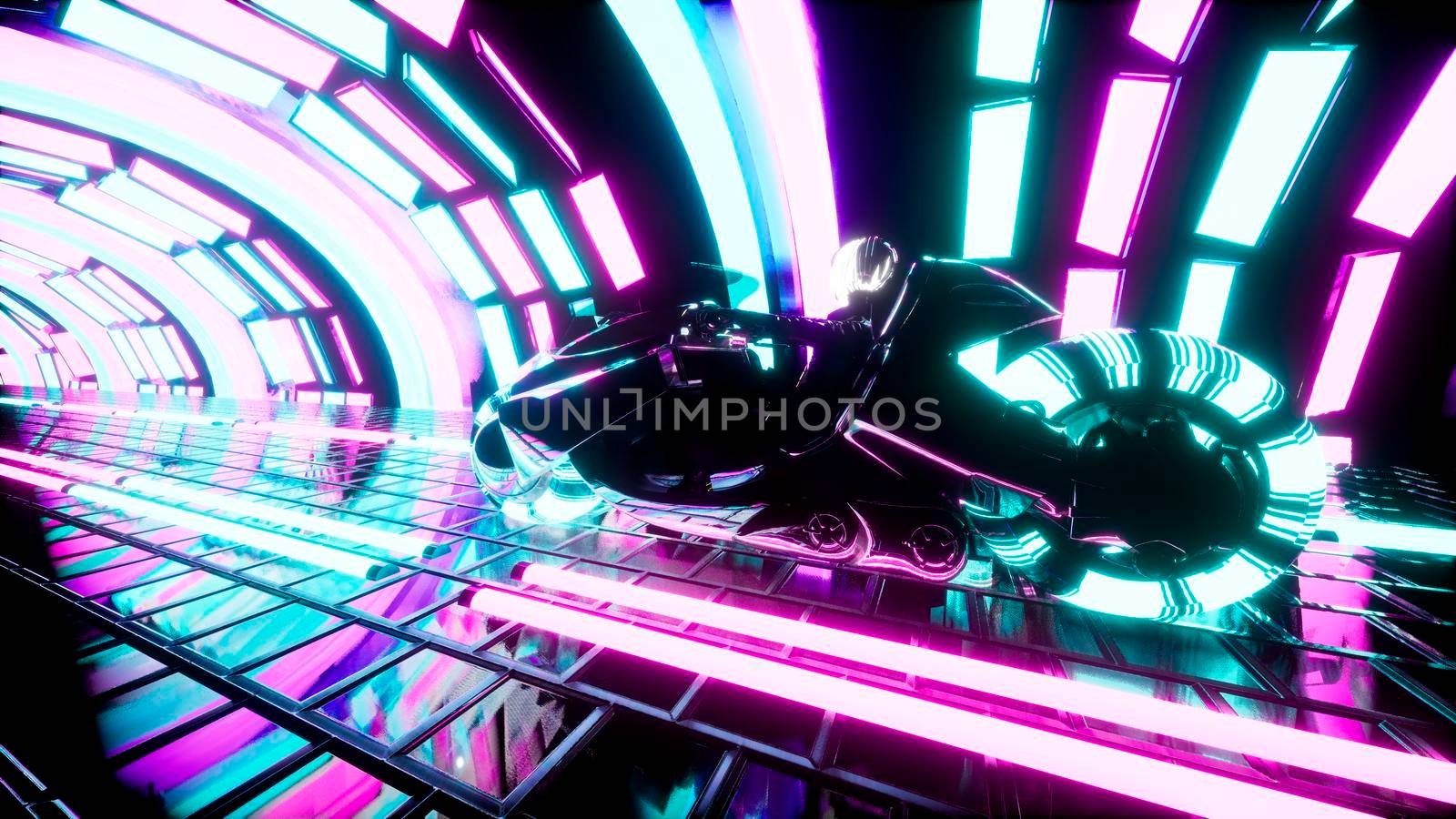 Cyber girl rides a motorcycle in a glowing neon tunnel. View of the glowing neon corridor.