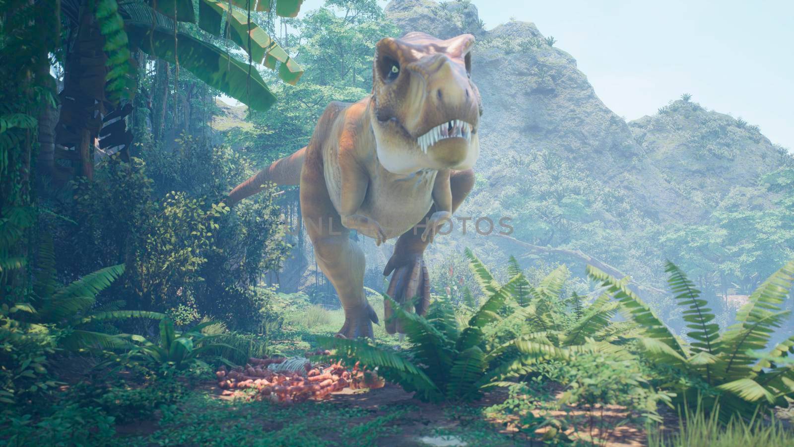 The Tyrannosaurus Rex dinosaur slowly creeps up on its prey in a thicket of green prehistoric jungle. View of the green prehistoric jungle forest on a Sunny morning. 3D Rendering. by designprojects