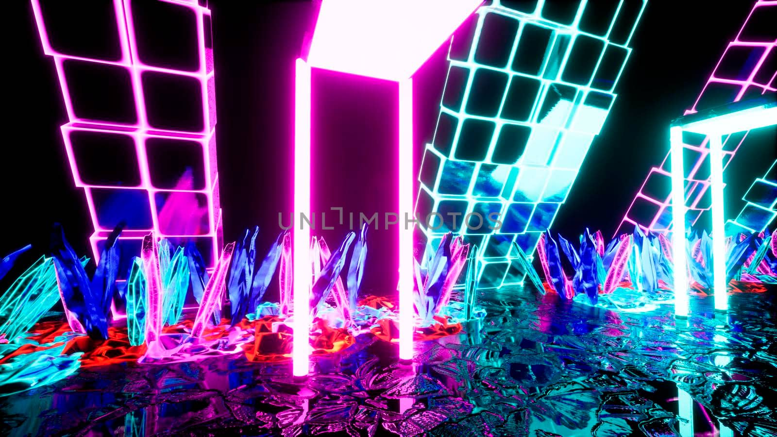 Camera fly through a glowing neon tunnel with crystals. 3D Rendering. by designprojects