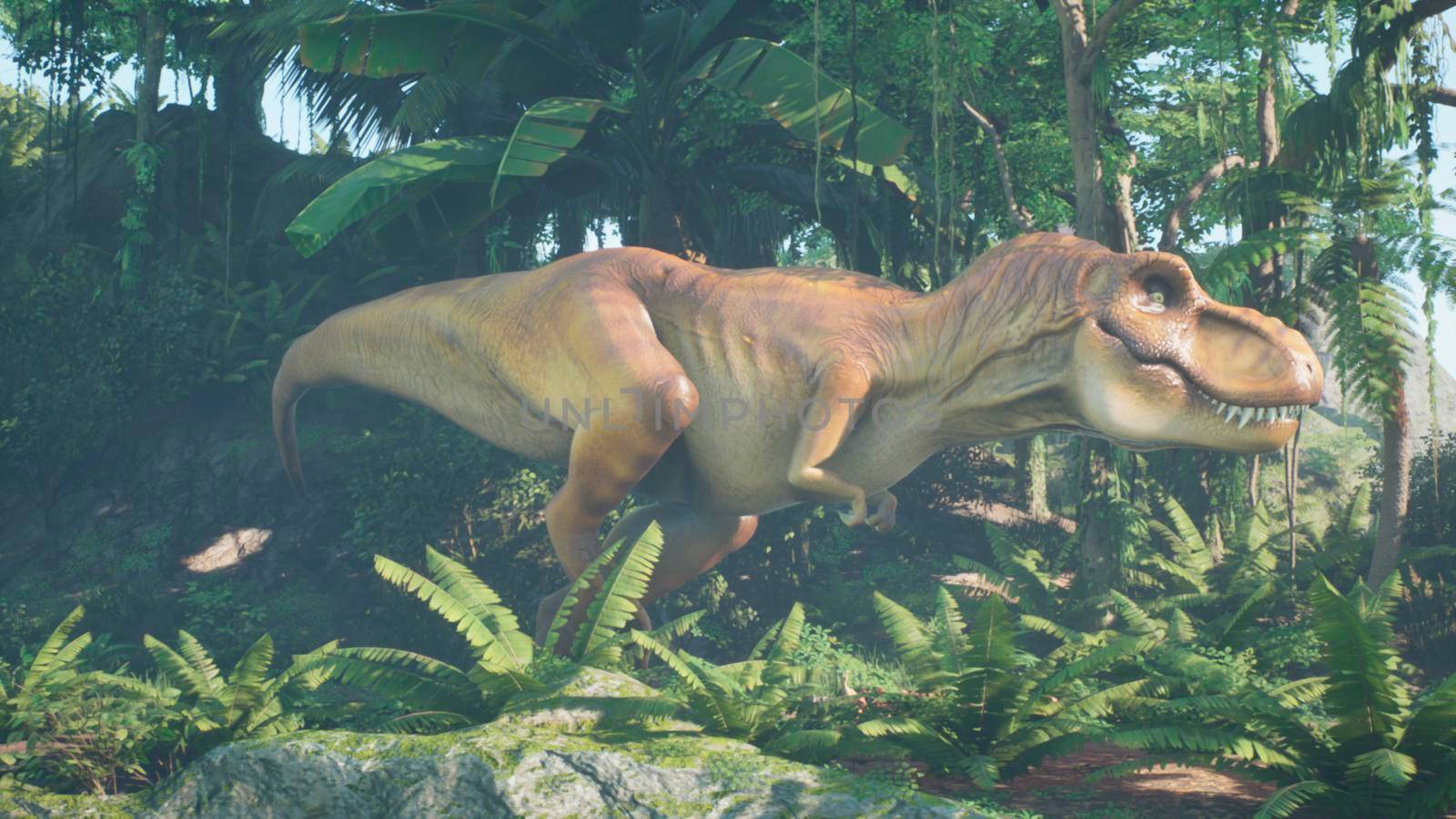 The Tyrannosaurus Rex dinosaur slowly creeps up on its prey in a thicket of green prehistoric jungle. View of the green prehistoric jungle forest on a Sunny morning. 3D Rendering. by designprojects