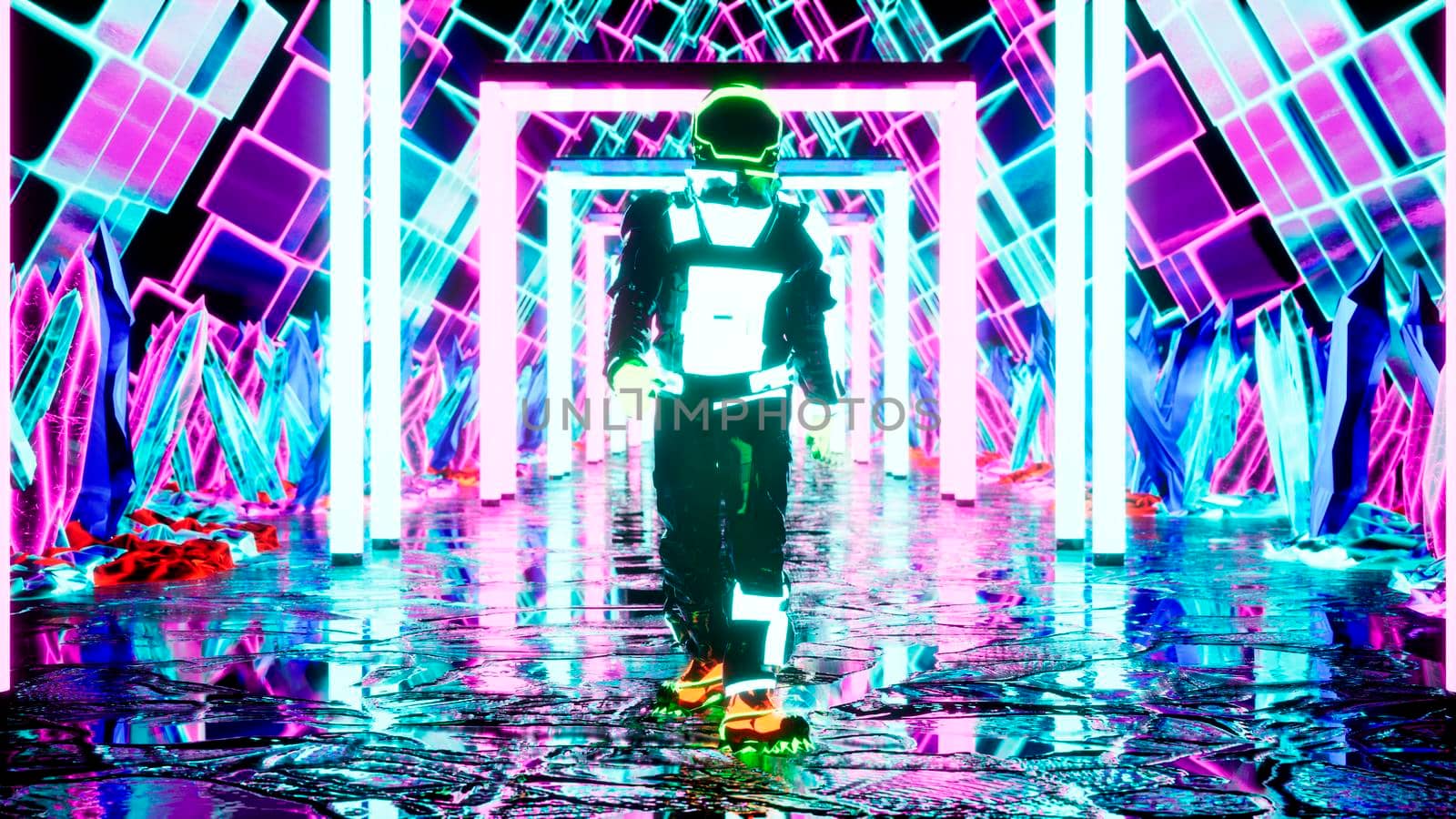 A luminous astronaut walks through a neon tunnel. 3D Rendering. by designprojects