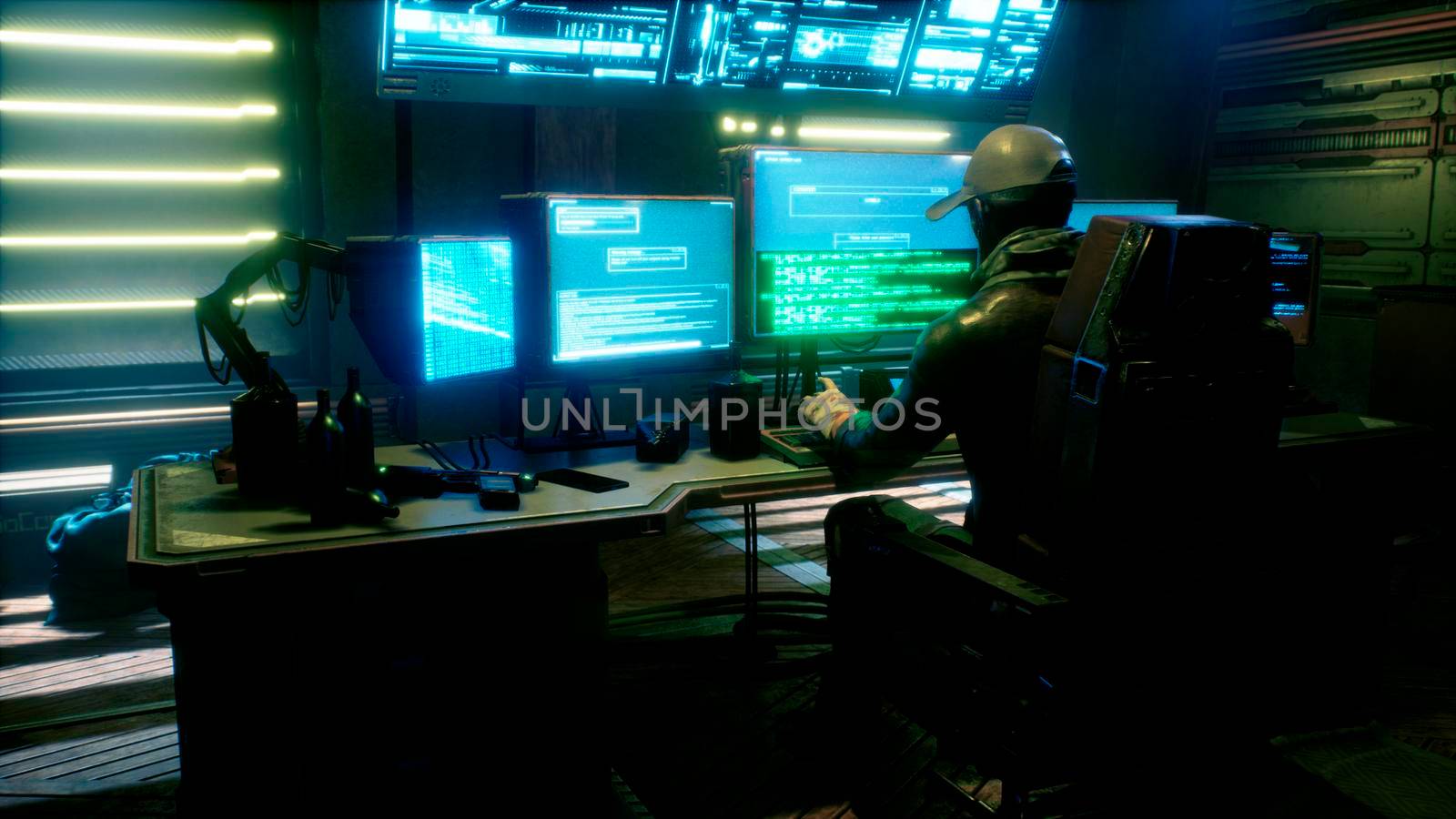 A male hacker surrounded by glowing monitors hacks into someone else's computer network in a dark room of his office. 3D Rendering. by designprojects
