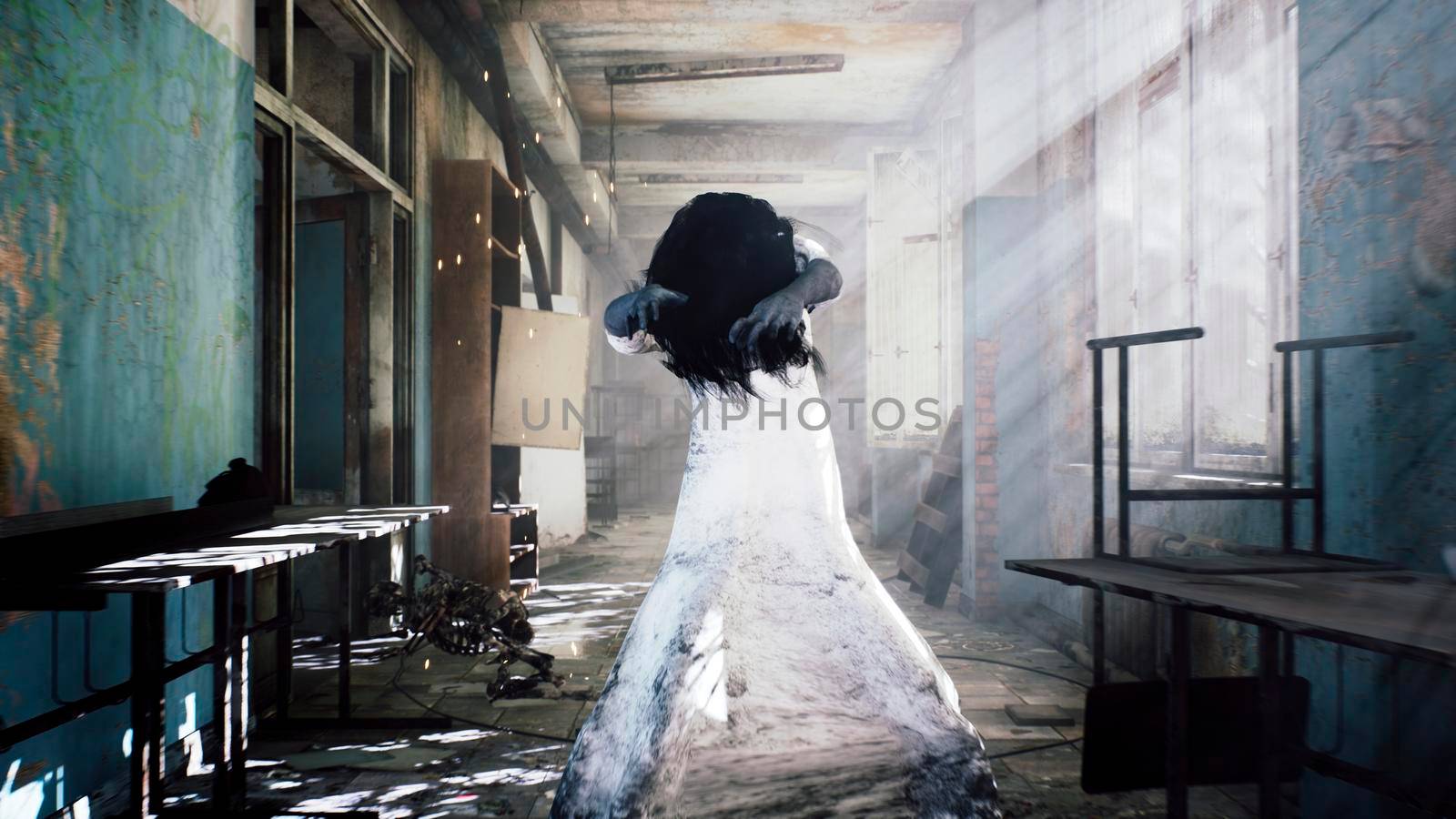 A horrible girl in a white dress, looking like a zombie, moves through an abandoned mystical house. View of an abandoned apocalyptic house. 3D Rendering. by designprojects