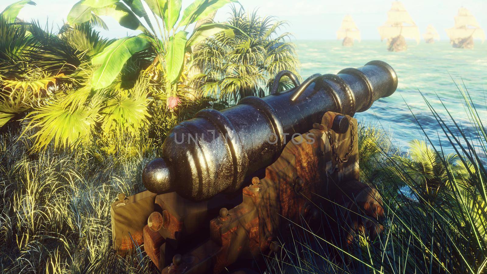 Medieval cannon on a tropical island, in the middle of green grass on a cloudy morning, before the battle. View of the green tropical island on a cloudy morning.