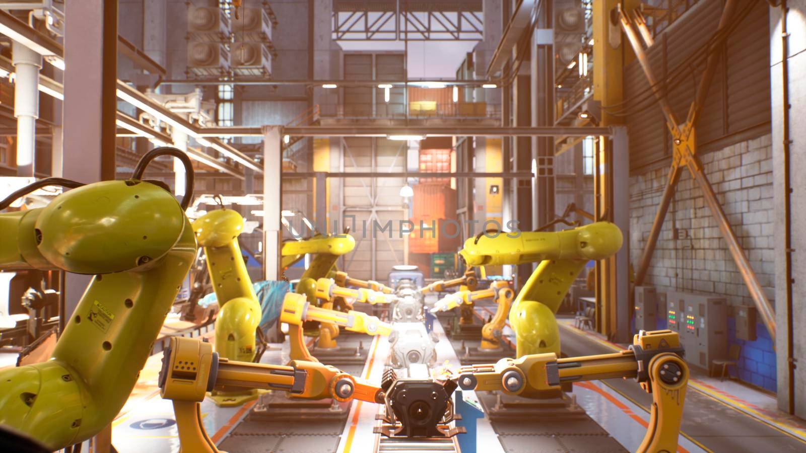 Automated production line at a car factory. Close-up of welding work. Welding line with robotic welders. View of the automatic plant.