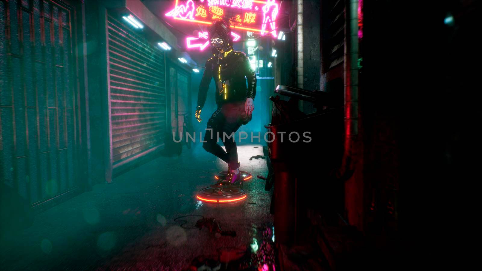 The girl of the future glides on her hoverboard down the street of the cyber city. View of an future cyber city. 3D Rendering. by designprojects