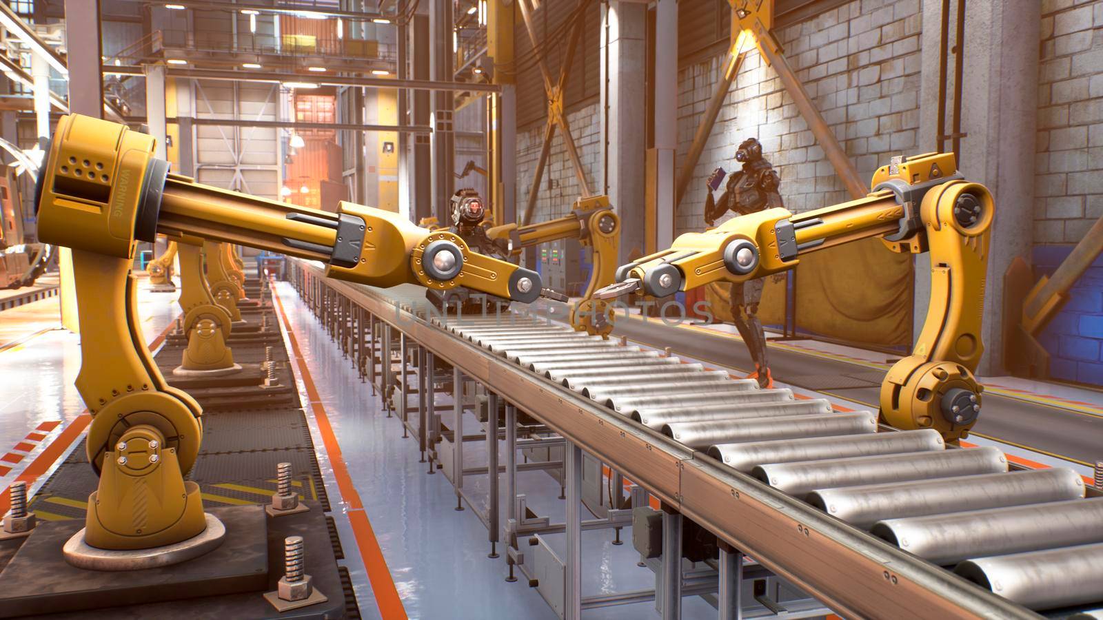 Automated robotic assembly line. Robotics works in a production line of robot parts in a factory. Technology and automation. View of the automatic plant.