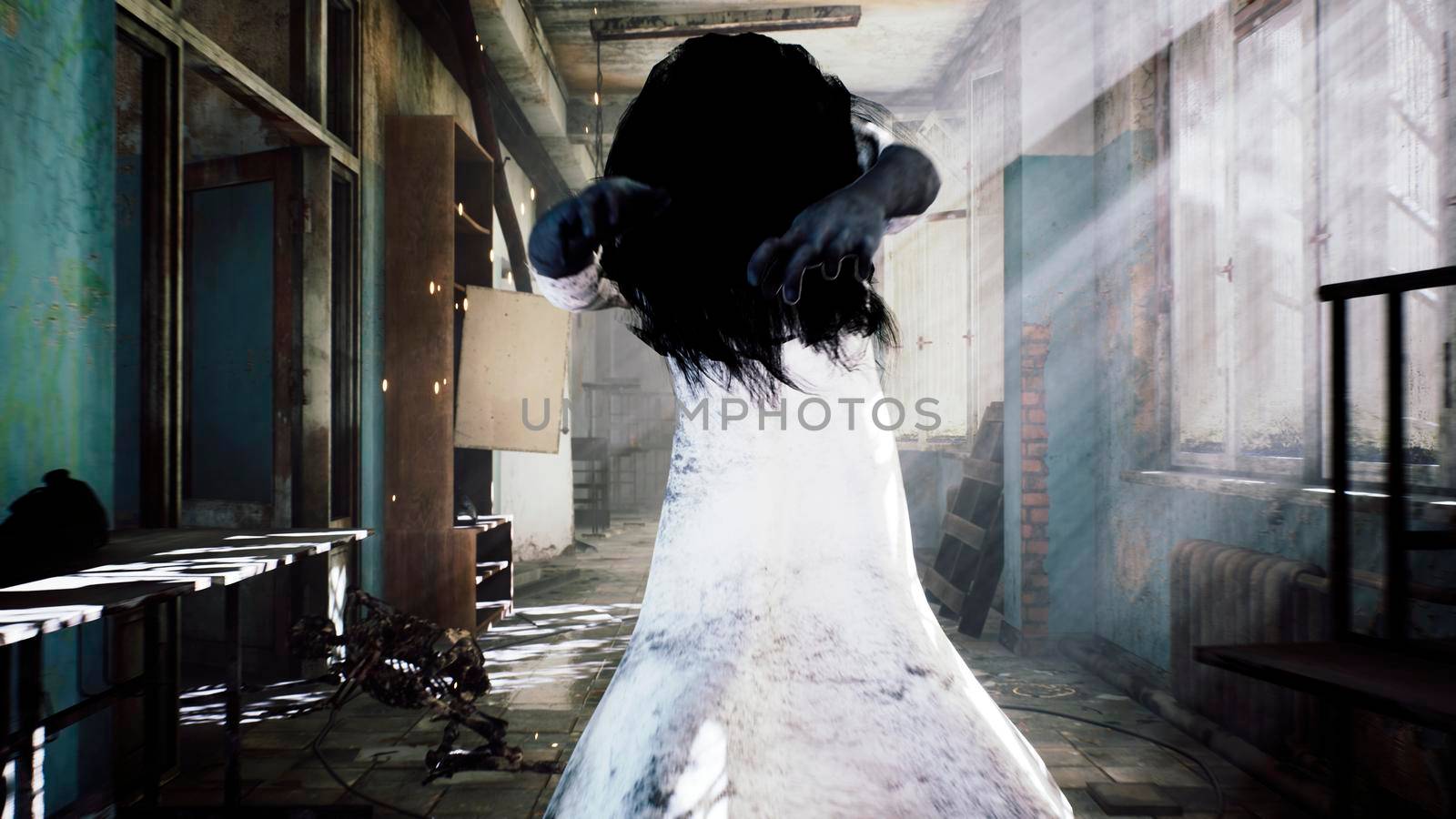 A horrible girl in a white dress, looking like a zombie, moves through an abandoned mystical house. View of an abandoned apocalyptic house. 3D Rendering. by designprojects