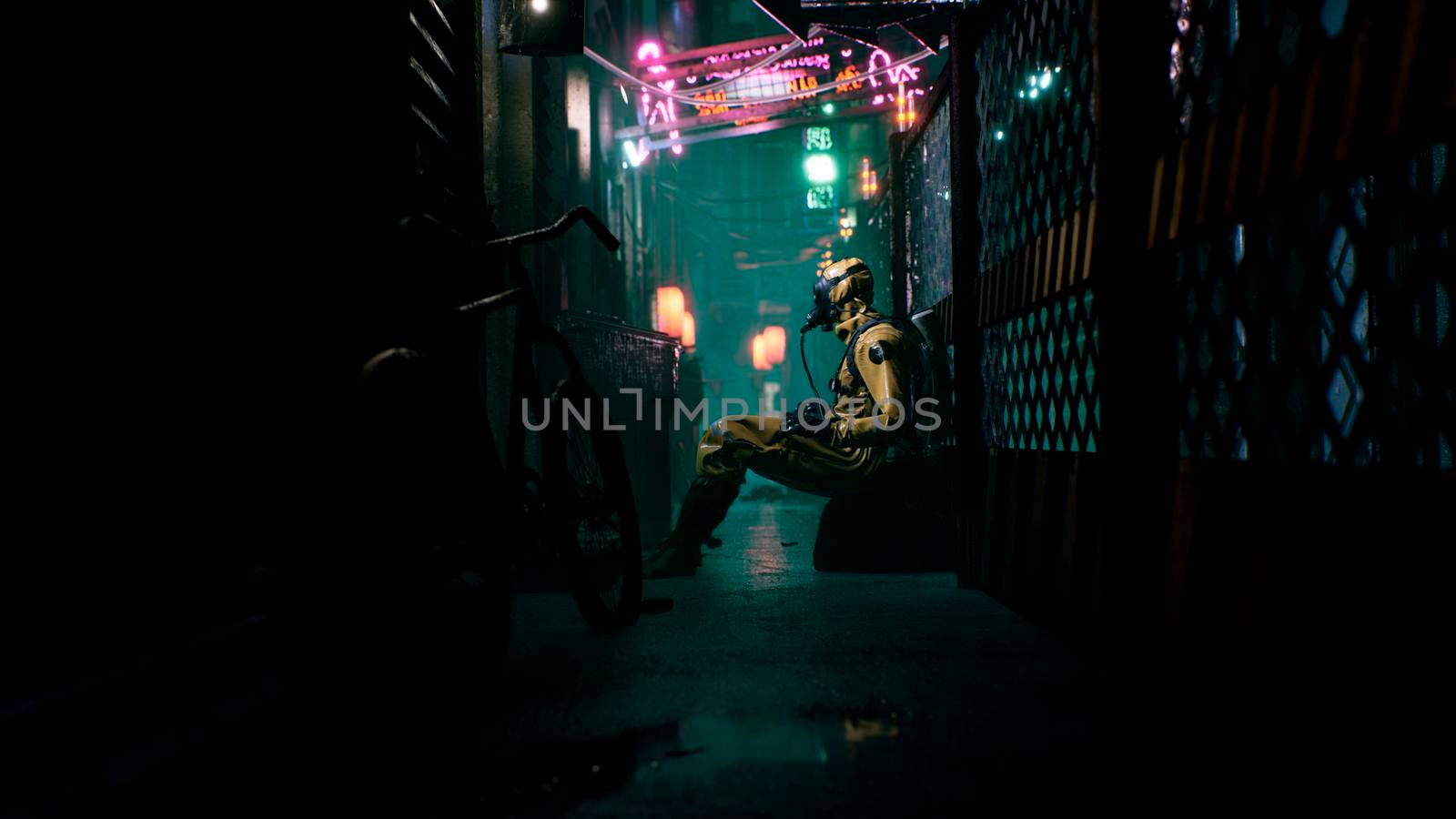 A nuclear physicist sits on a neon street and checks the surrounding radiation with a dosimeter. Post-apocalyptic world concept. 3D Rendering. by designprojects