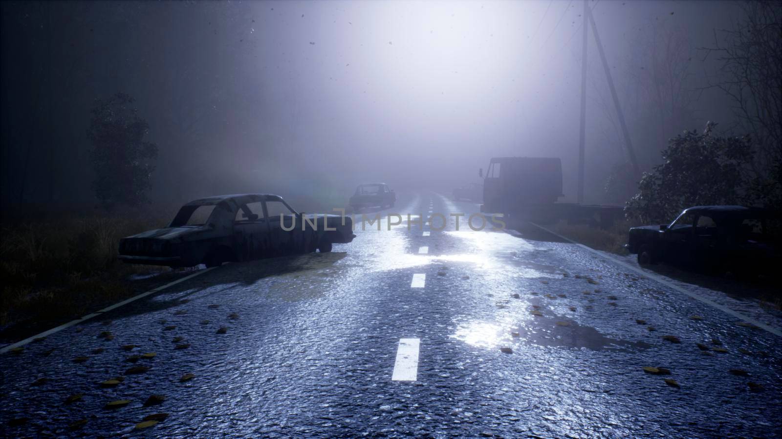 Foggy mystical abandoned road with abandoned cars. View of an abandoned apocalyptic foggy road.