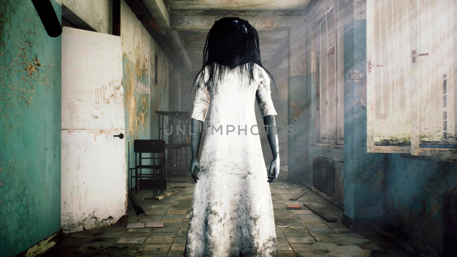 A horrible girl in a white dress, looking like a zombie, moves through an abandoned mystical house. View of an abandoned apocalyptic house. 3D Rendering. by designprojects