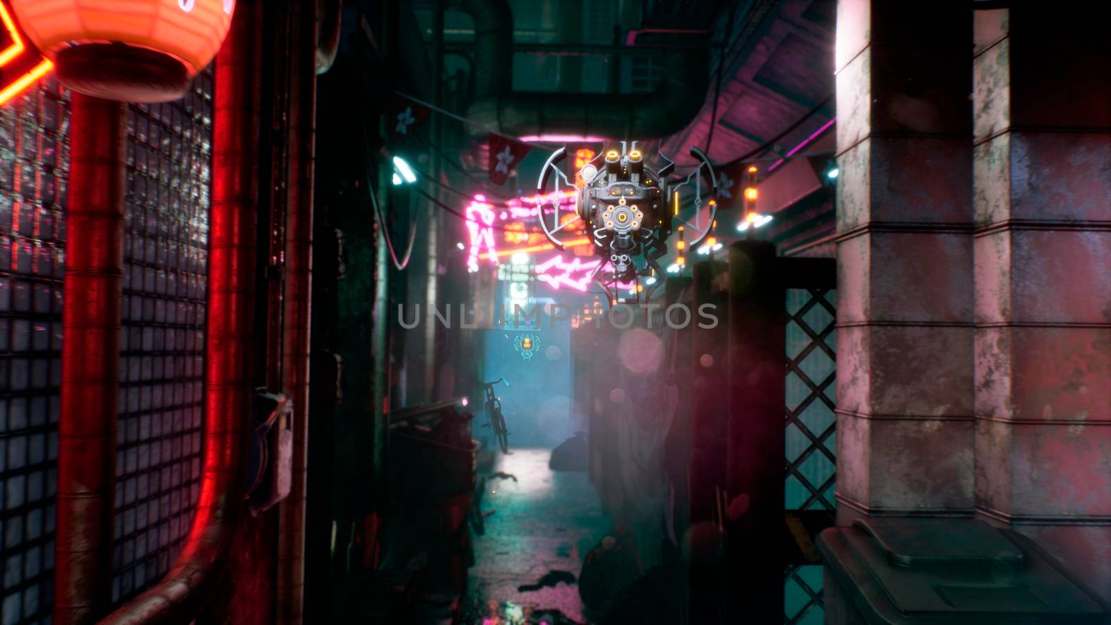 A police cyber drone flies through a deserted neon foggy street with lonely houses. View of an deserted cyber neon street. Post-apocalyptic cyber world concept.