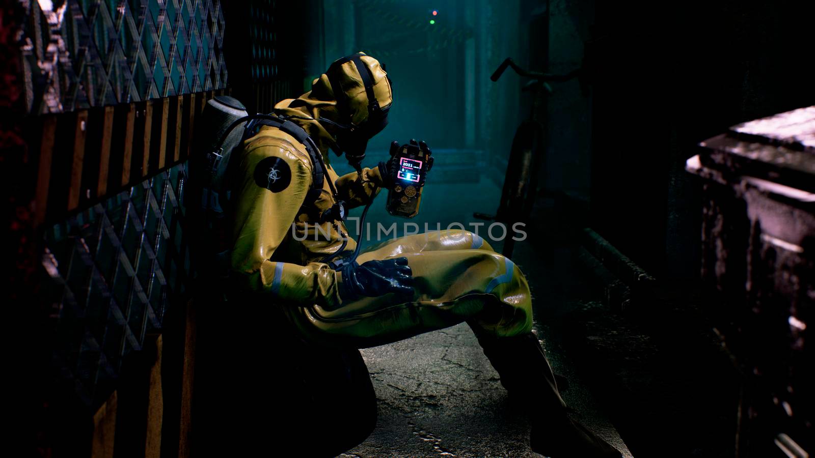 A nuclear physicist sits on a neon street and checks the surrounding radiation with a dosimeter. Post-apocalyptic world concept. View of an deserted apocalyptic street.