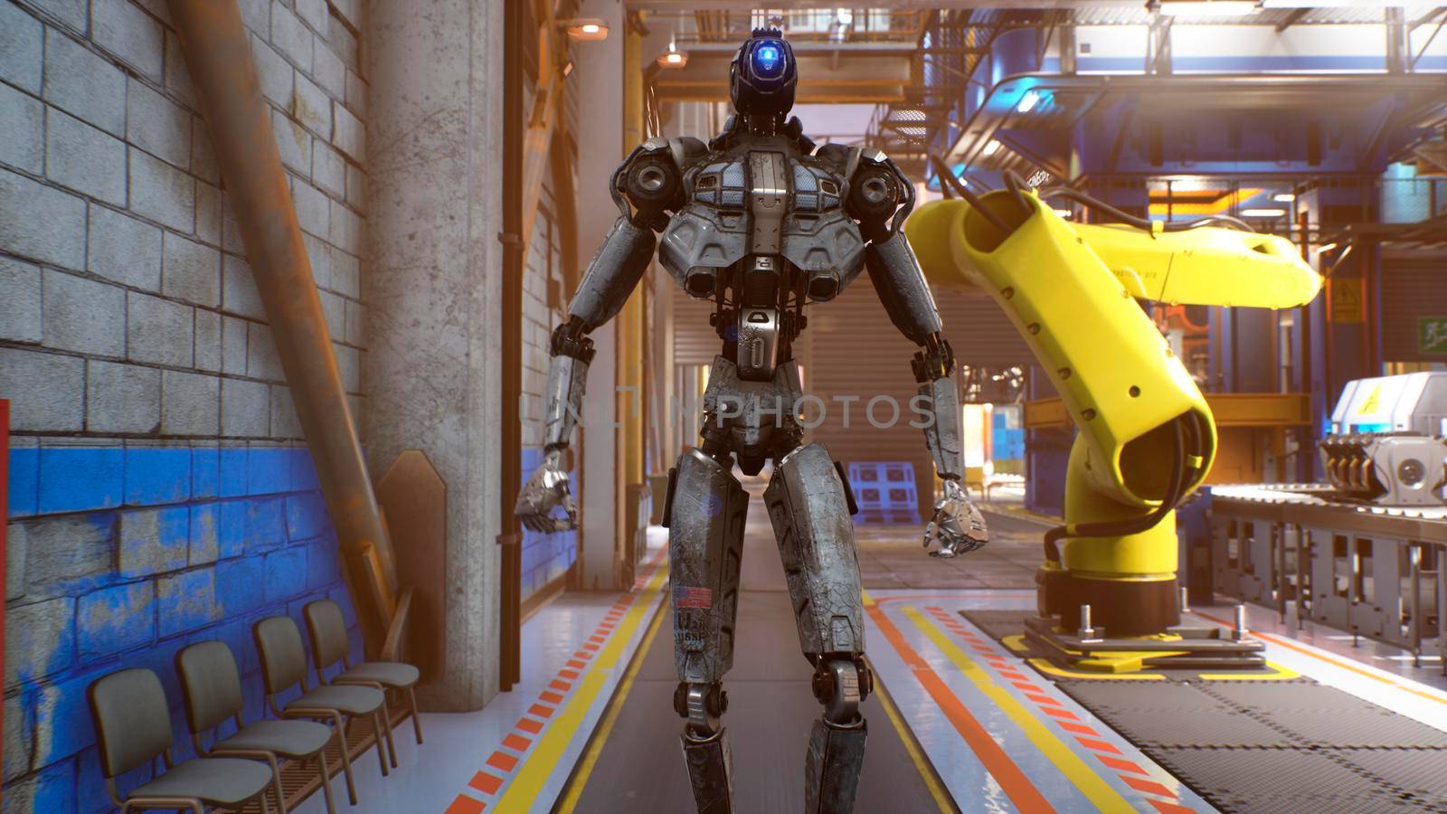 A futuristic robot checks an automatic production line in a car factory. View of the automatic plant of the future.