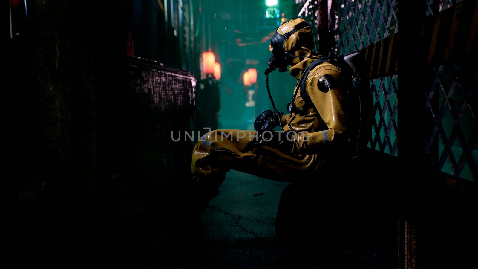 A nuclear physicist sits on a neon street and checks the surrounding radiation with a dosimeter. Post-apocalyptic world concept. View of an deserted apocalyptic street.