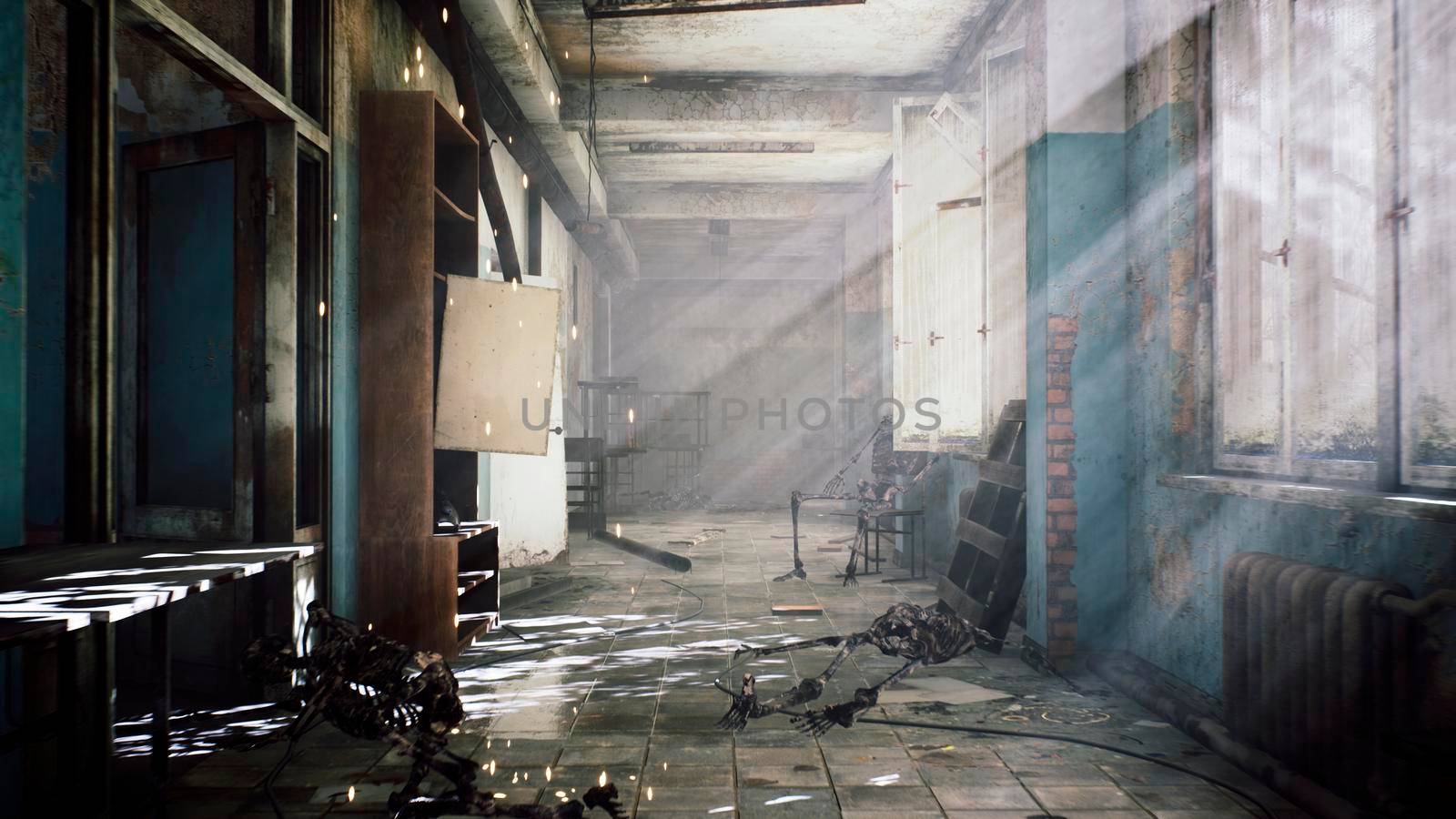 An abandoned mystical house with skeletons and rubbish on a dusty floor. View of an abandoned apocalyptic house.