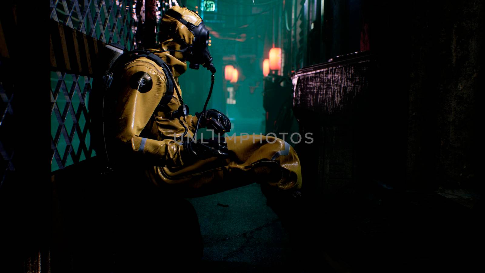 A nuclear physicist sits on a neon street and checks the surrounding radiation with a dosimeter. Post-apocalyptic world concept. View of an deserted apocalyptic street.