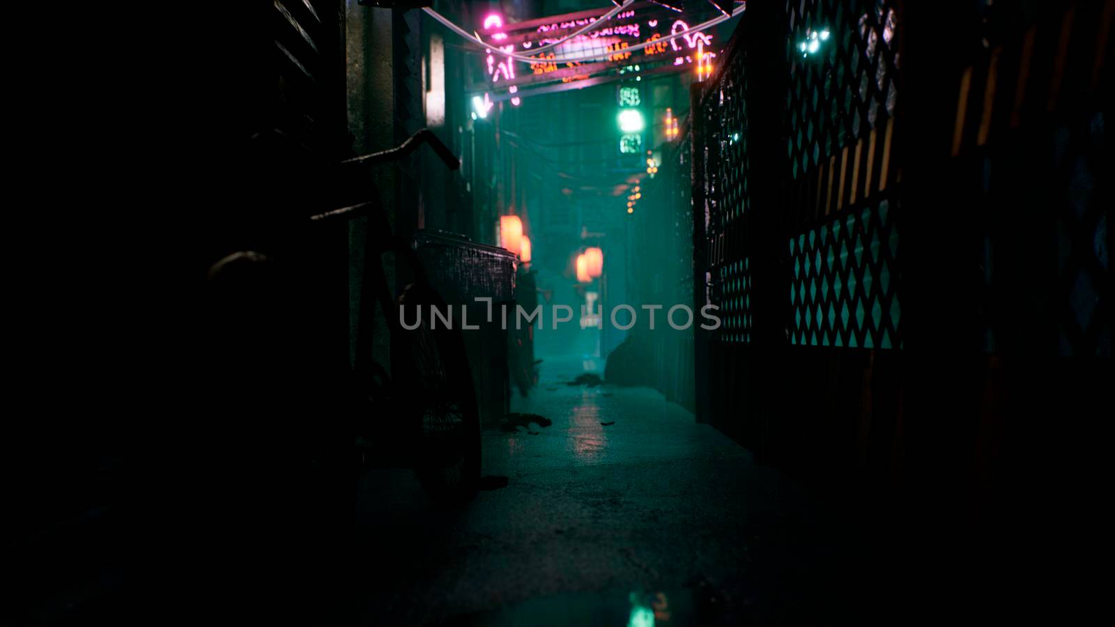 A mystical deserted foggy street with abandoned bicycles and rubbish. View of an abandoned mystic foggy street.