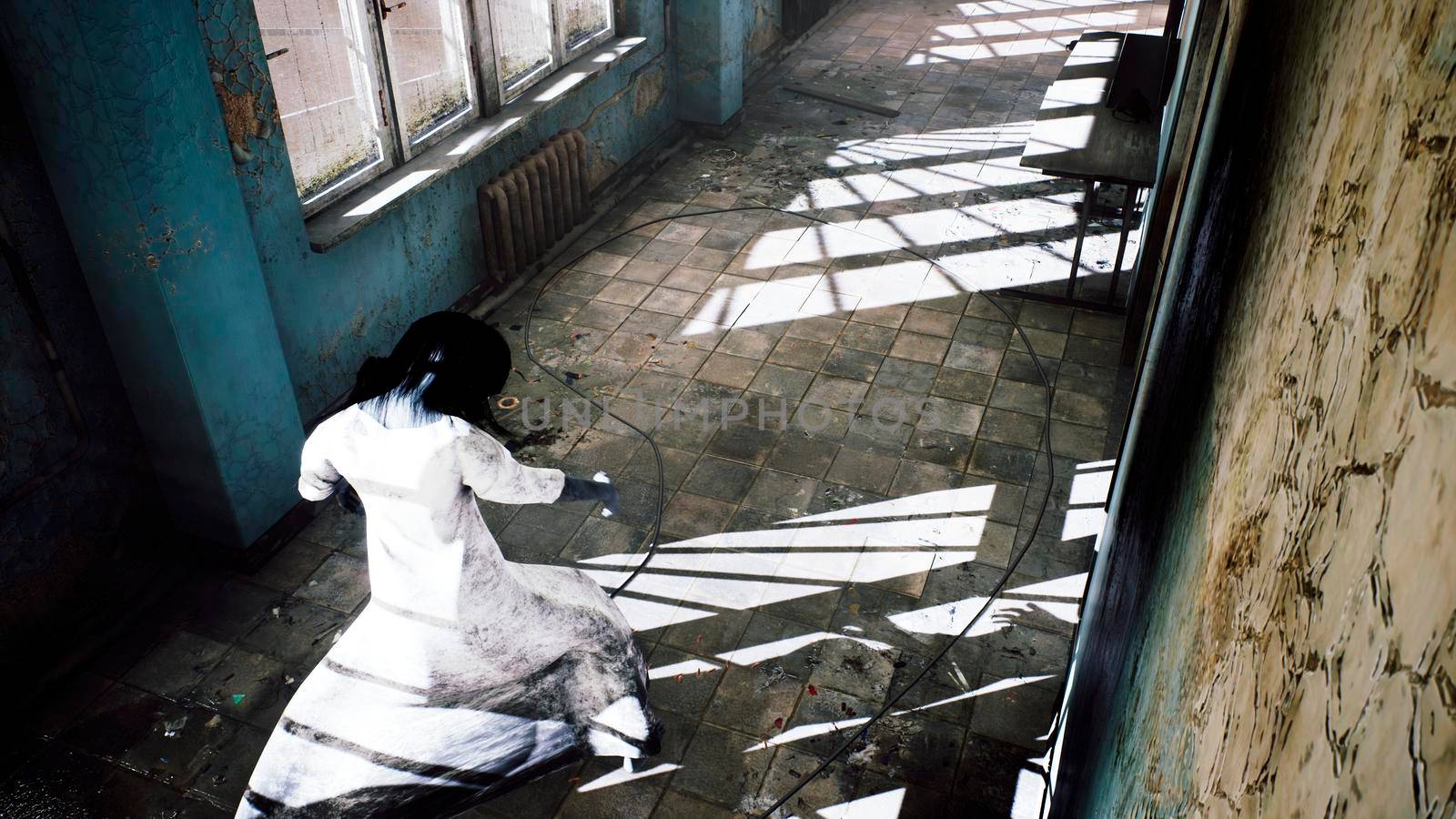 A horrible girl in a white dress, looking like a zombie, moves through an abandoned mystical house. View of an abandoned apocalyptic corridor and spooky girl.