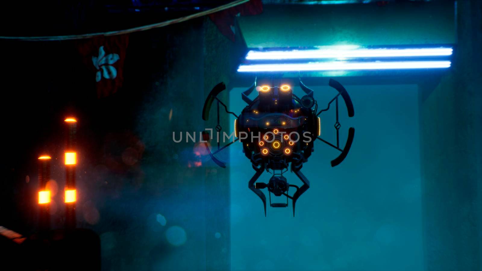 A police cyber drone flies through a deserted neon foggy street with lonely houses. View of an deserted cyber neon street. Post-apocalyptic cyber world concept.