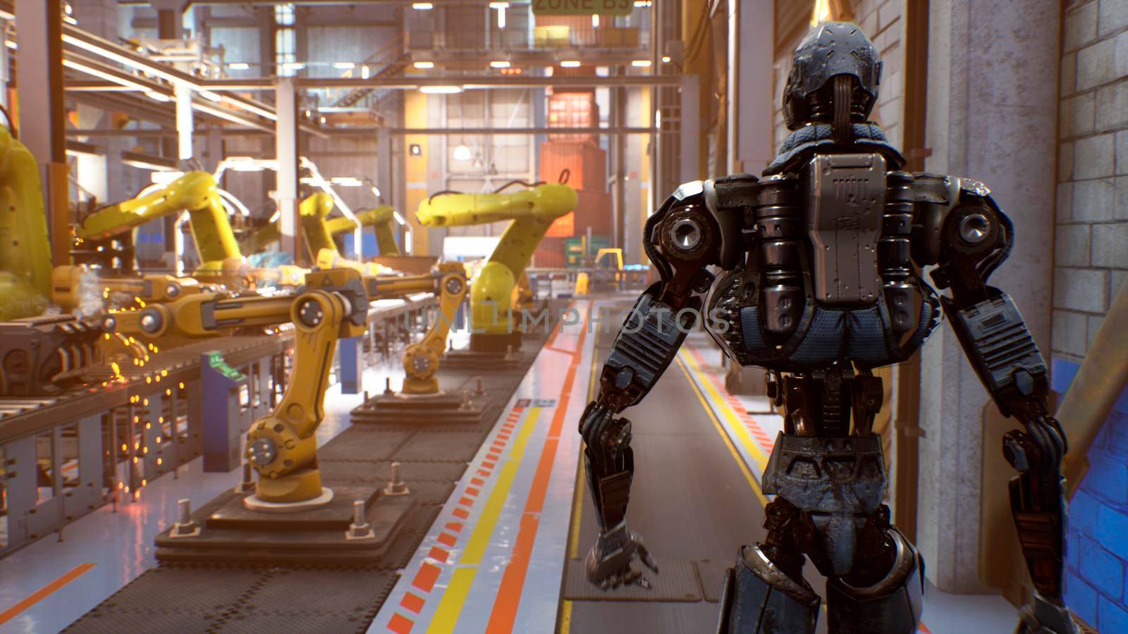 A futuristic robot checks an automatic production line in a car factory. 3D Rendering. by designprojects