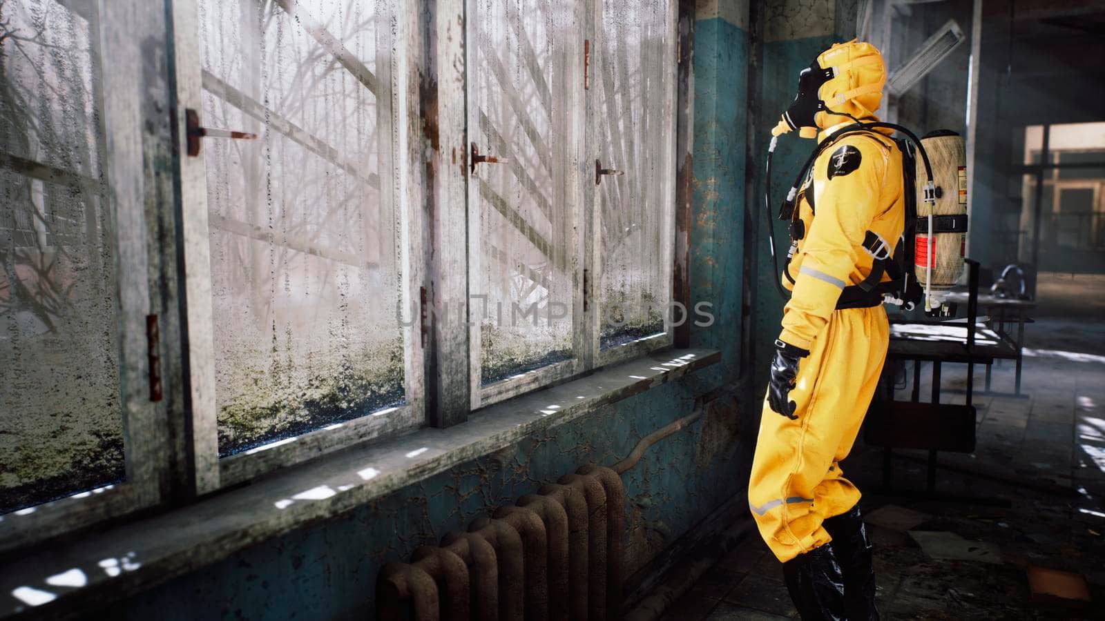 The last survivor of a nuclear war or a deadly viral pandemic stands in the morning at the window in a destroyed building. Post-apocalyptic world concept. 3D Rendering. by designprojects