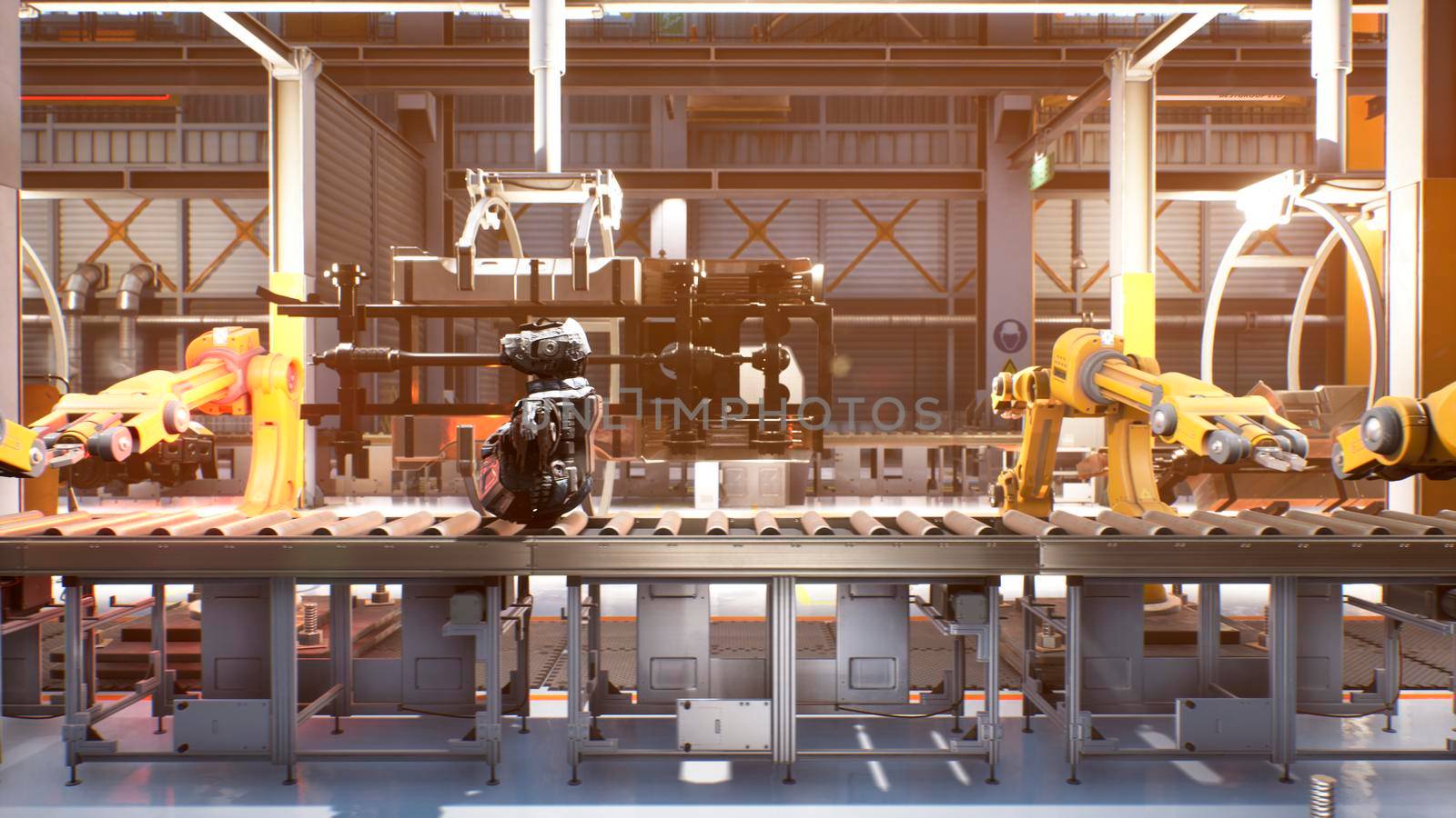 Automated robotic assembly line. Robotics works in a production line of robot parts in a factory. Technology and automation. View of the automatic plant.