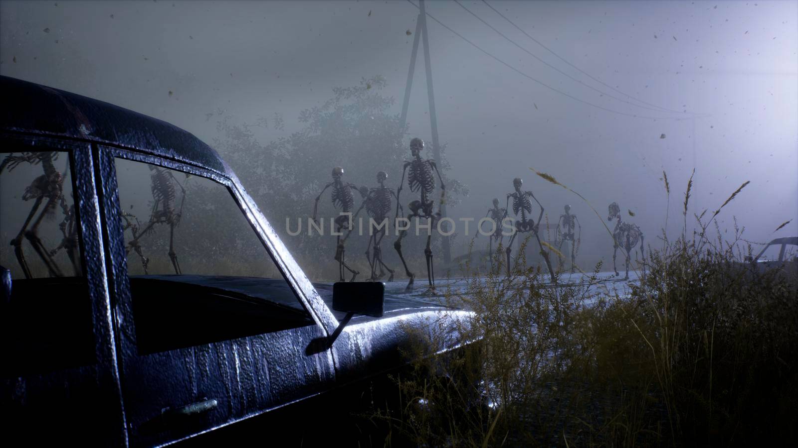 Spooky scary skeletons are walking along a misty abandoned apocalyptic road. View of an abandoned mystic foggy landscape. 3D Rendering. by designprojects