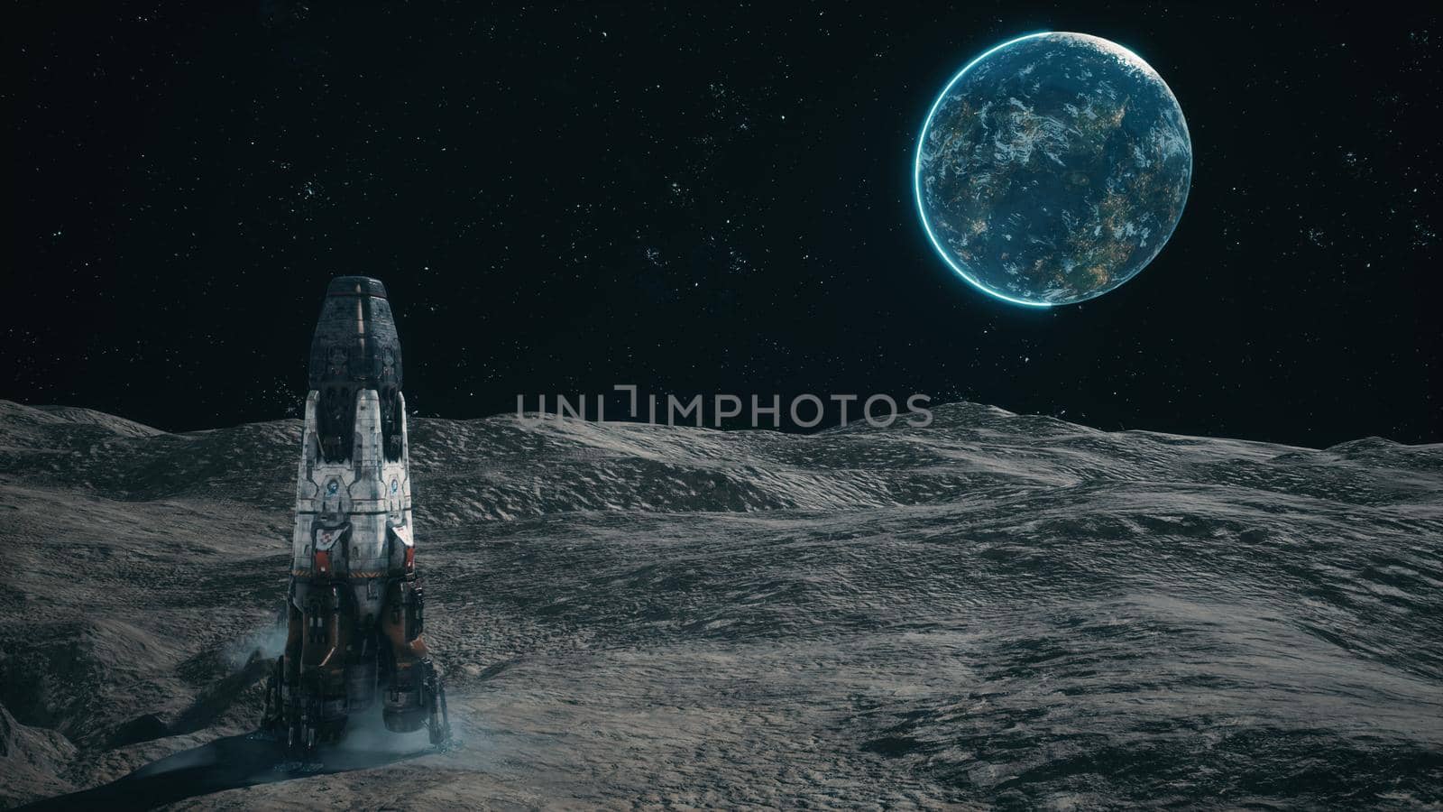 A view of the surface of an alien planet, a space colony or a lunar base with spaceships standing nearby. 3D Rendering. by designprojects