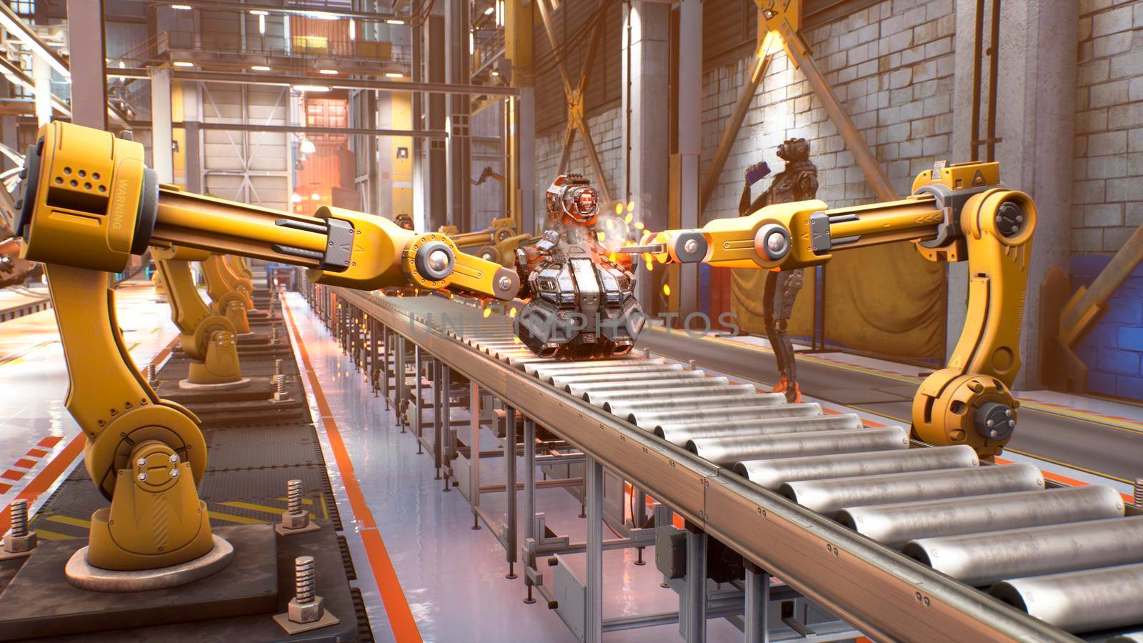 Automated robotic assembly line. Robotics works in a production line of robot parts in a factory. Technology and automation. View of the automatic plant.