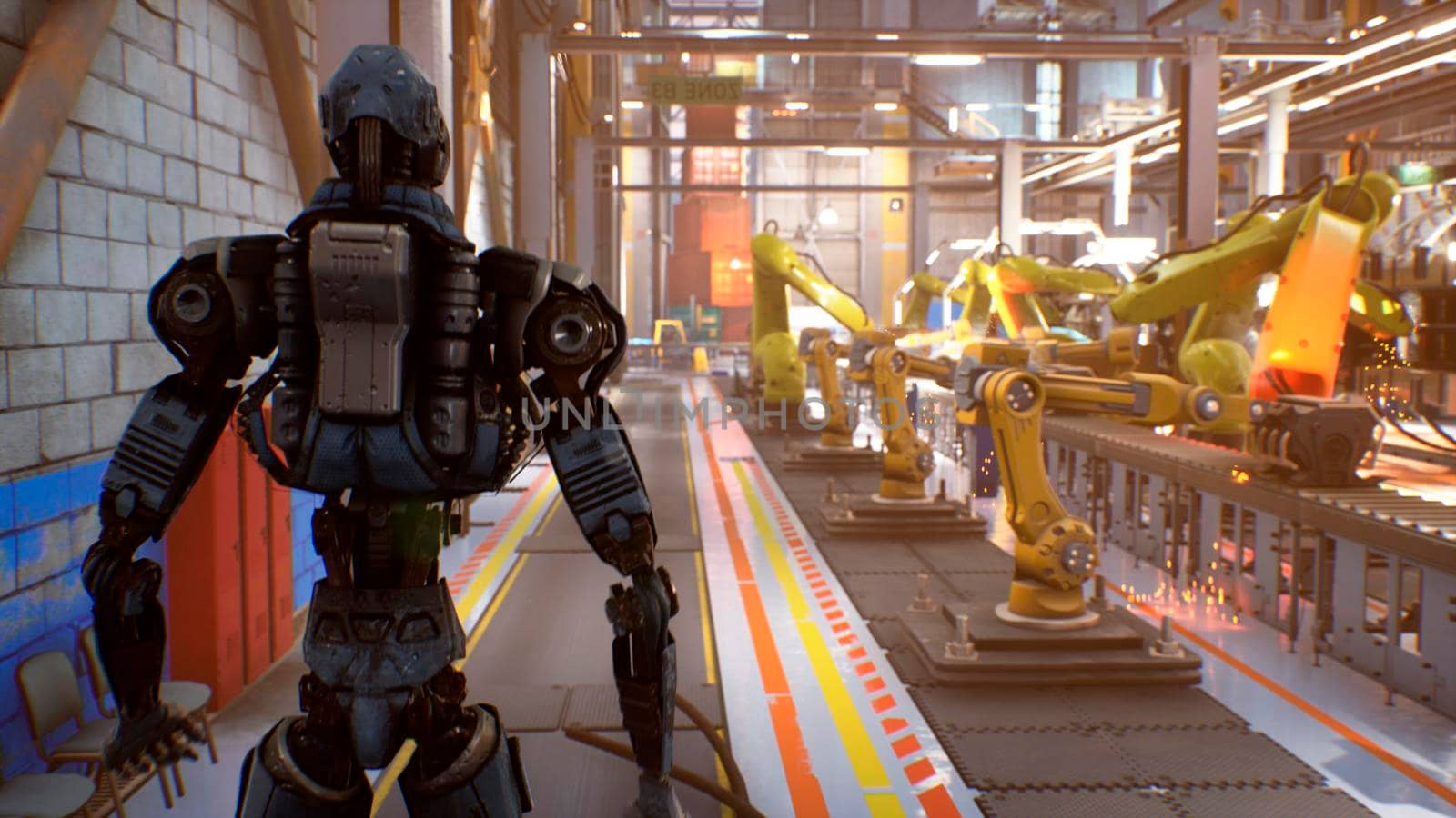 A futuristic robot checks an automatic production line in a car factory. 3D Rendering. by designprojects