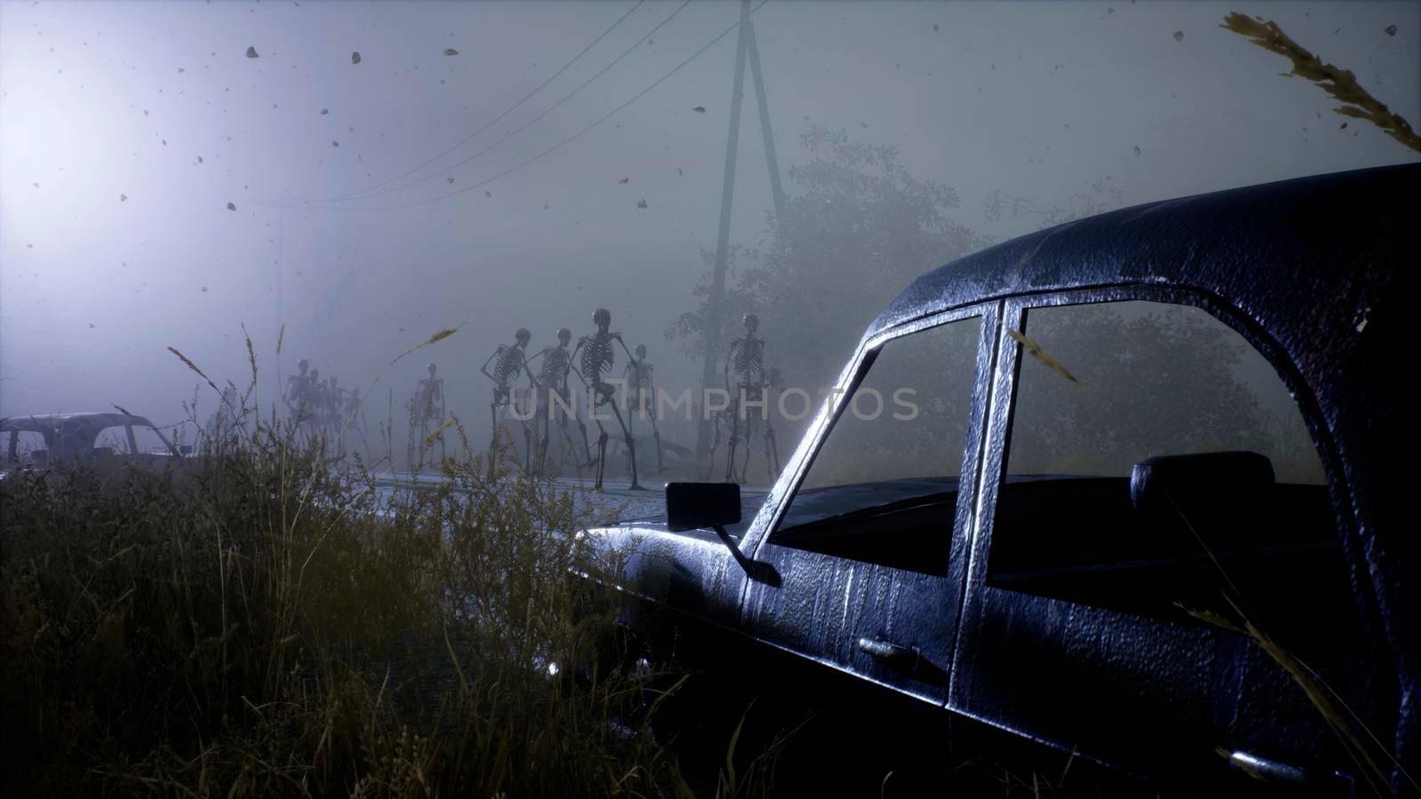 Spooky scary skeletons are walking along a misty abandoned apocalyptic road. View of an abandoned mystic foggy landscape. 3D Rendering. by designprojects