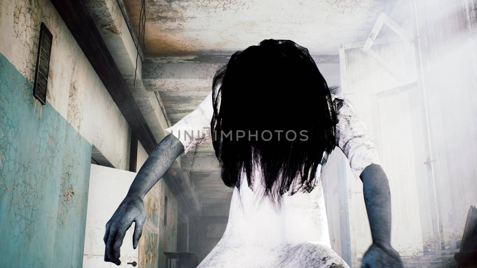 A horrible girl in a white dress, looking like a zombie, moves through an abandoned mystical house. View of an abandoned apocalyptic house. 3D Rendering. by designprojects